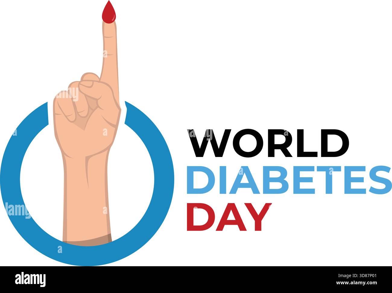 Simbolo globale della consapevolezza del diabete. Immagine vettoriale piatta di una mano con una goccia di sangue all'interno del logo del cerchio blu. Design minimalista per novembre Illustrazione Vettoriale