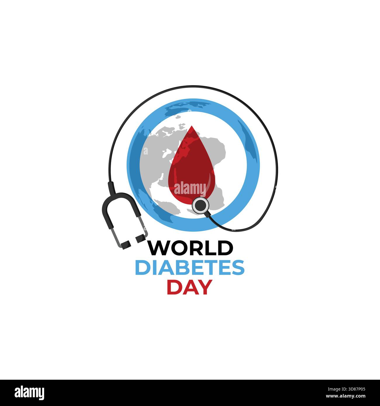 Progettazione internazionale per la consapevolezza del diabete. Illustrazione vettoriale di uno stetoscopio avvolto intorno alla terra con una goccia di sangue. Campagna sanitaria globale f Illustrazione Vettoriale