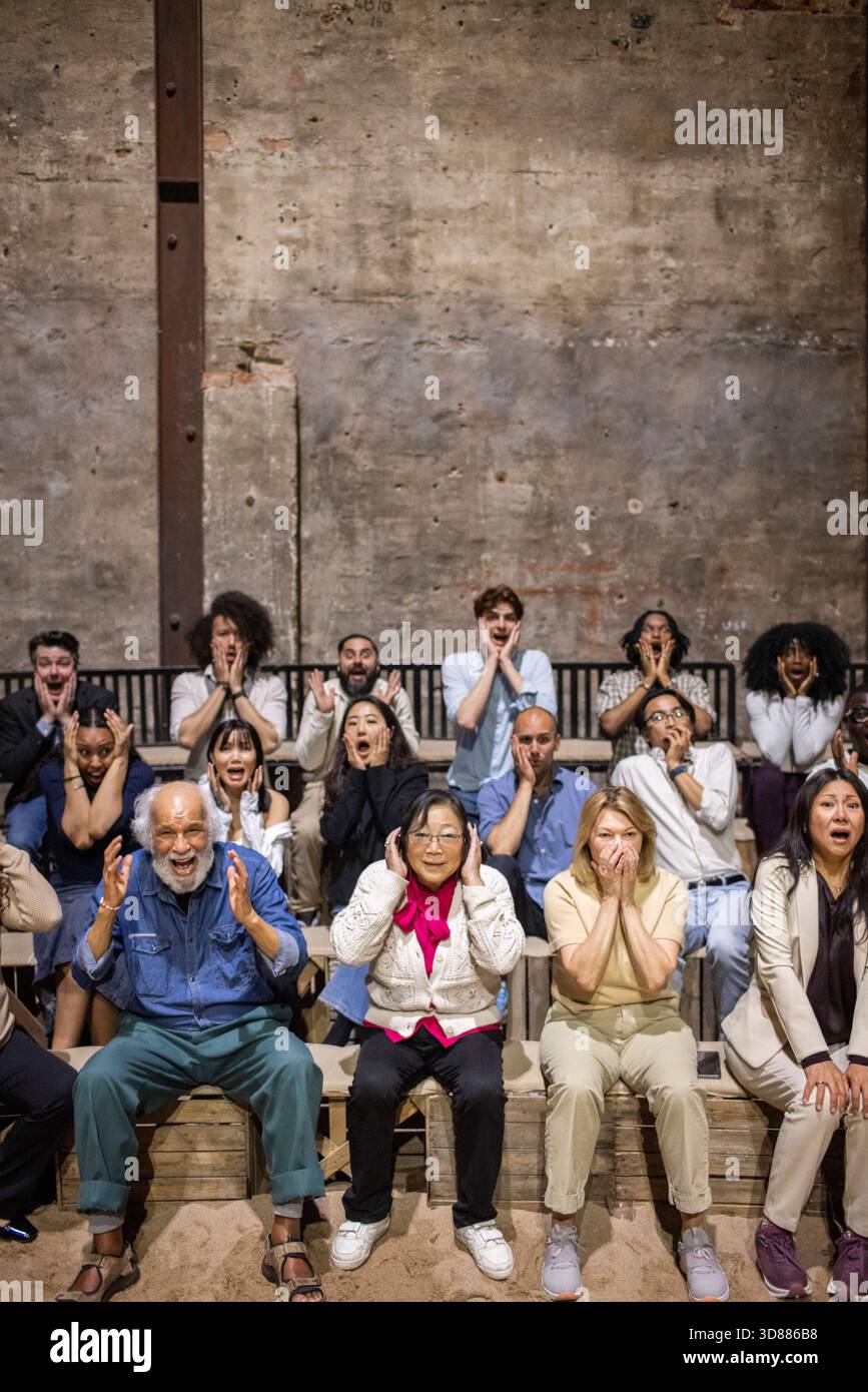 Il pubblico ha scioccato con diverse espressioni facciali seduti in piedi a teatro mentre guardano le rappresentazioni teatrali Foto Stock
