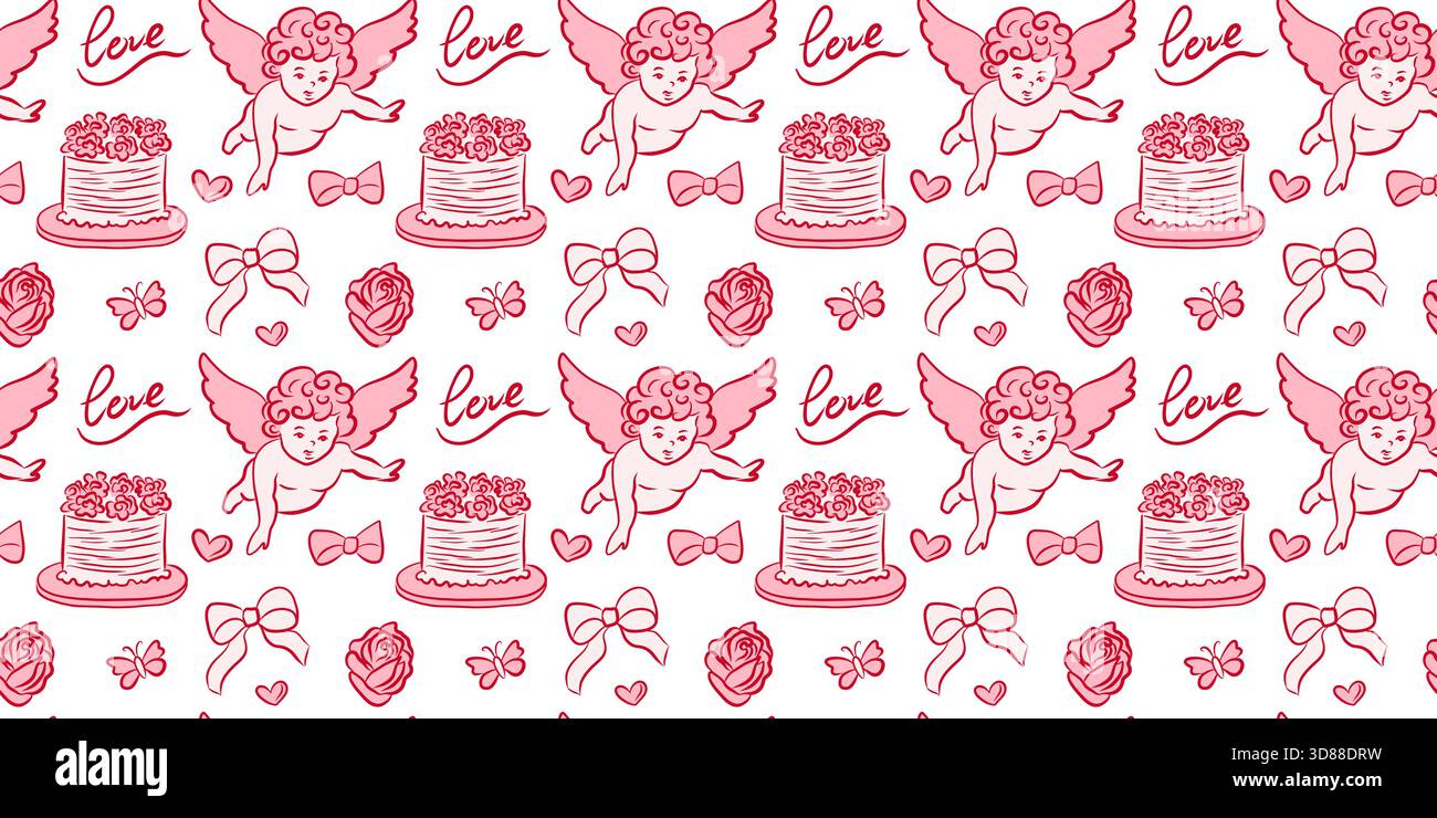 Un delizioso motivo di cupidi giocosi, torte eleganti e cuori adorabili, perfetto per progetti d'amore Illustrazione Vettoriale