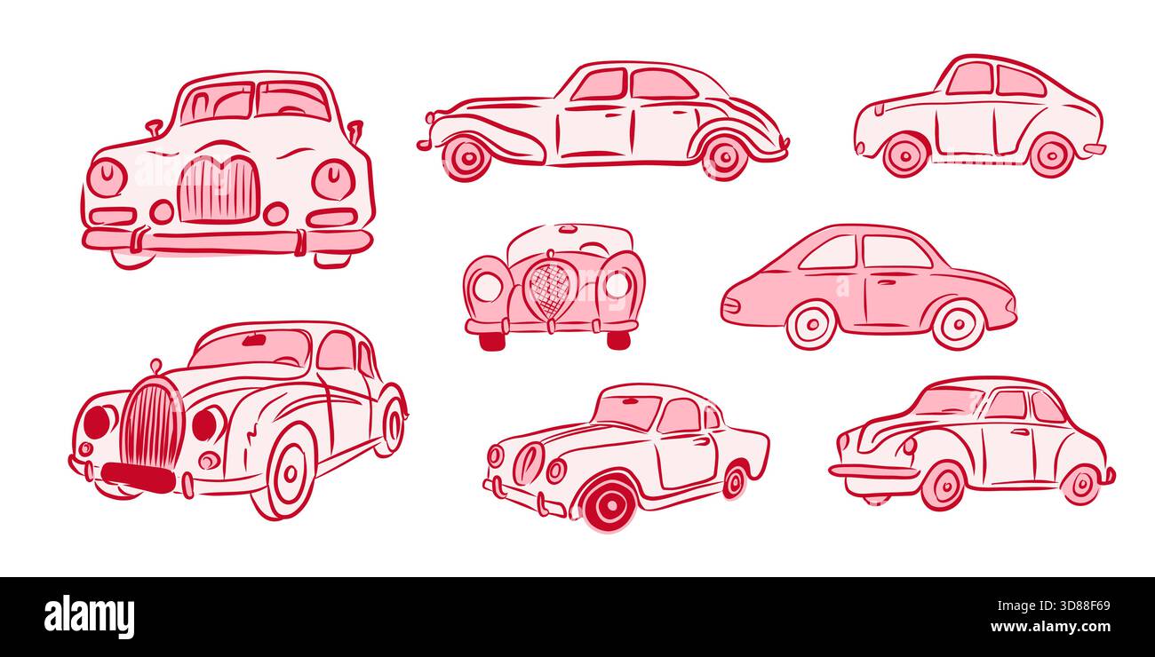 Una collezione di illustrazioni di auto d'epoca realizzate con arte in rosso vivace, che mostrano design e stili di auto d'epoca Illustrazione Vettoriale
