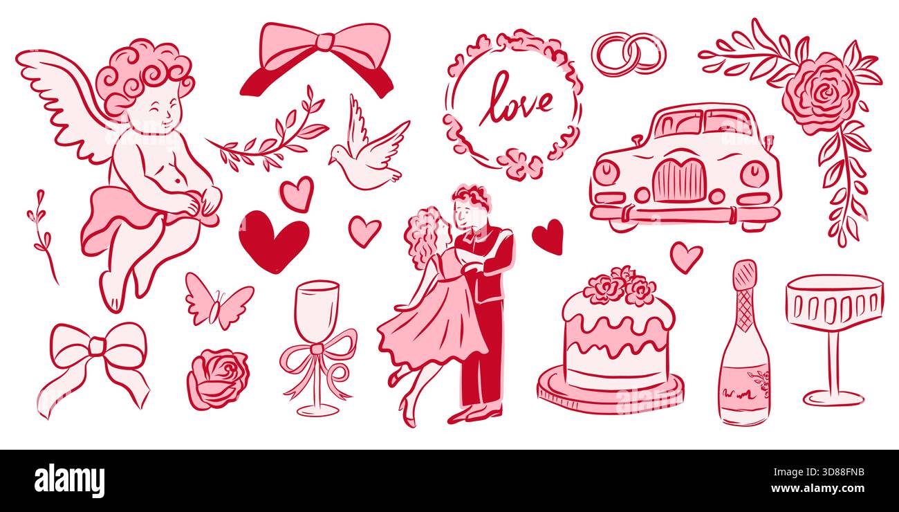 Una collezione di romantiche illustrazioni a tema nuziale con simboli d'amore ed elementi da celebrazione. Illustrazione Vettoriale