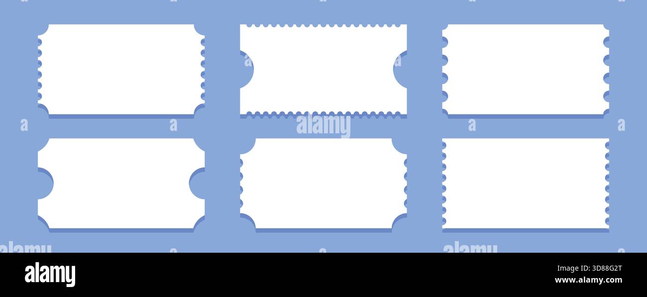 L'immagine presenta più modelli di ticket vuoti visualizzati in varie forme e dimensioni su uno sfondo blu. Questi design versatili possono essere utilizzati Illustrazione Vettoriale
