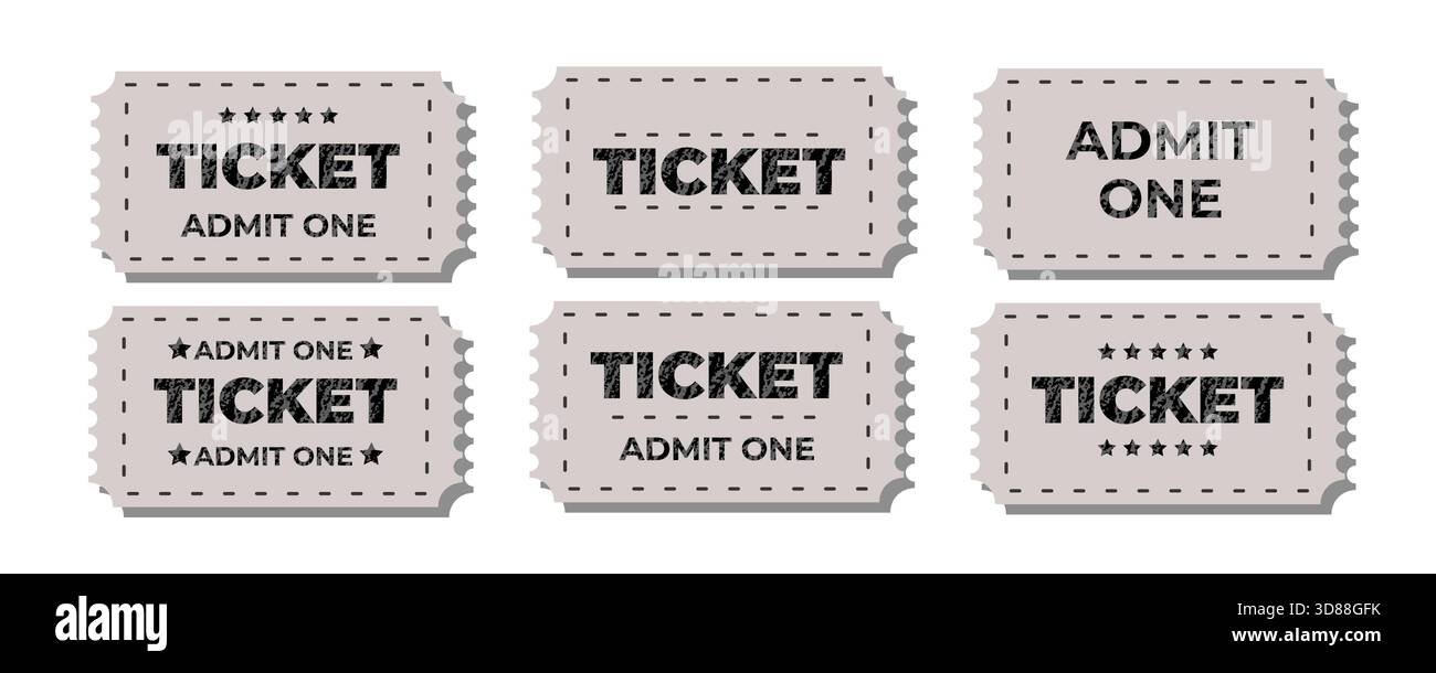 Questi biglietti rétro mettono in risalto disegni e tipografie unici, ciascuno con ammissione uno e testo del biglietto. Perfetti per i collezionisti, rappresentano un nostale Illustrazione Vettoriale