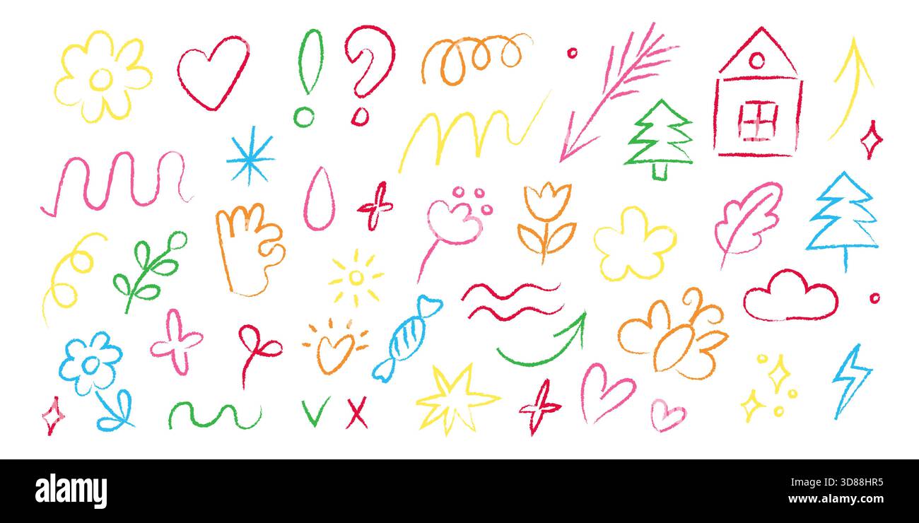 I doodle luminosi e giocosi mostrano una varietà di disegni stravaganti, tra cui fiori, alberi, nuvole e forme astratte. Questi schizzi colorati inv Illustrazione Vettoriale