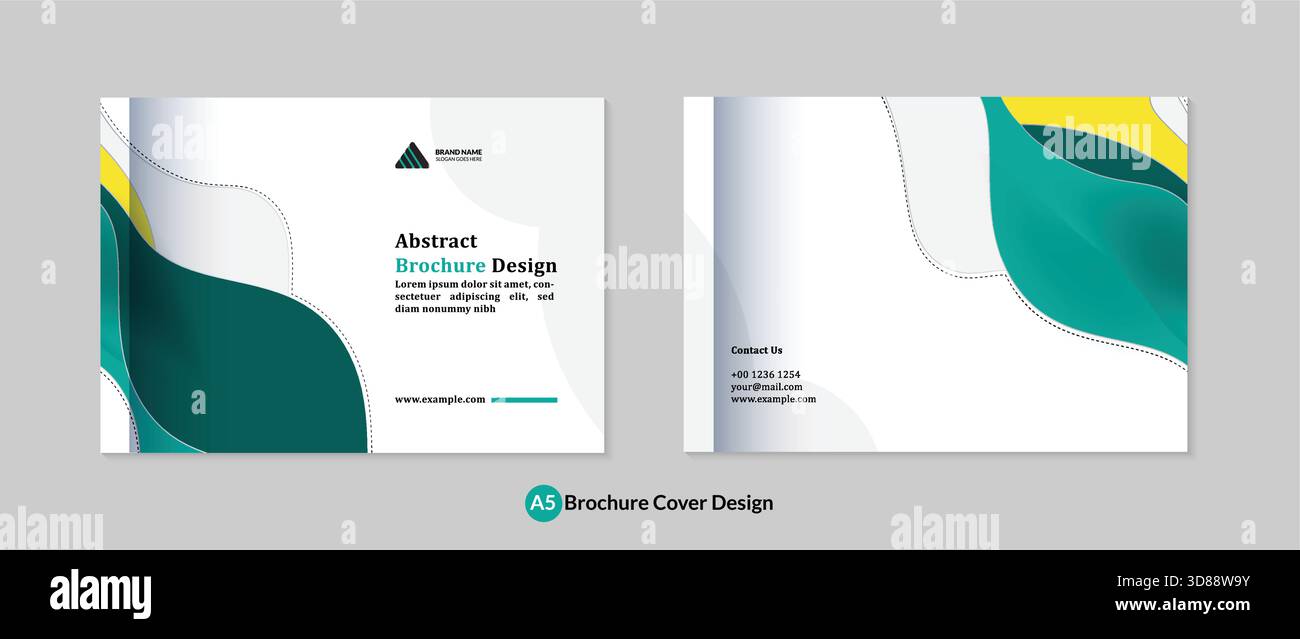 Design della copertina della brochure Modern Abstract A5 con forma verde acqua organica e giallo ondulato Illustrazione Vettoriale