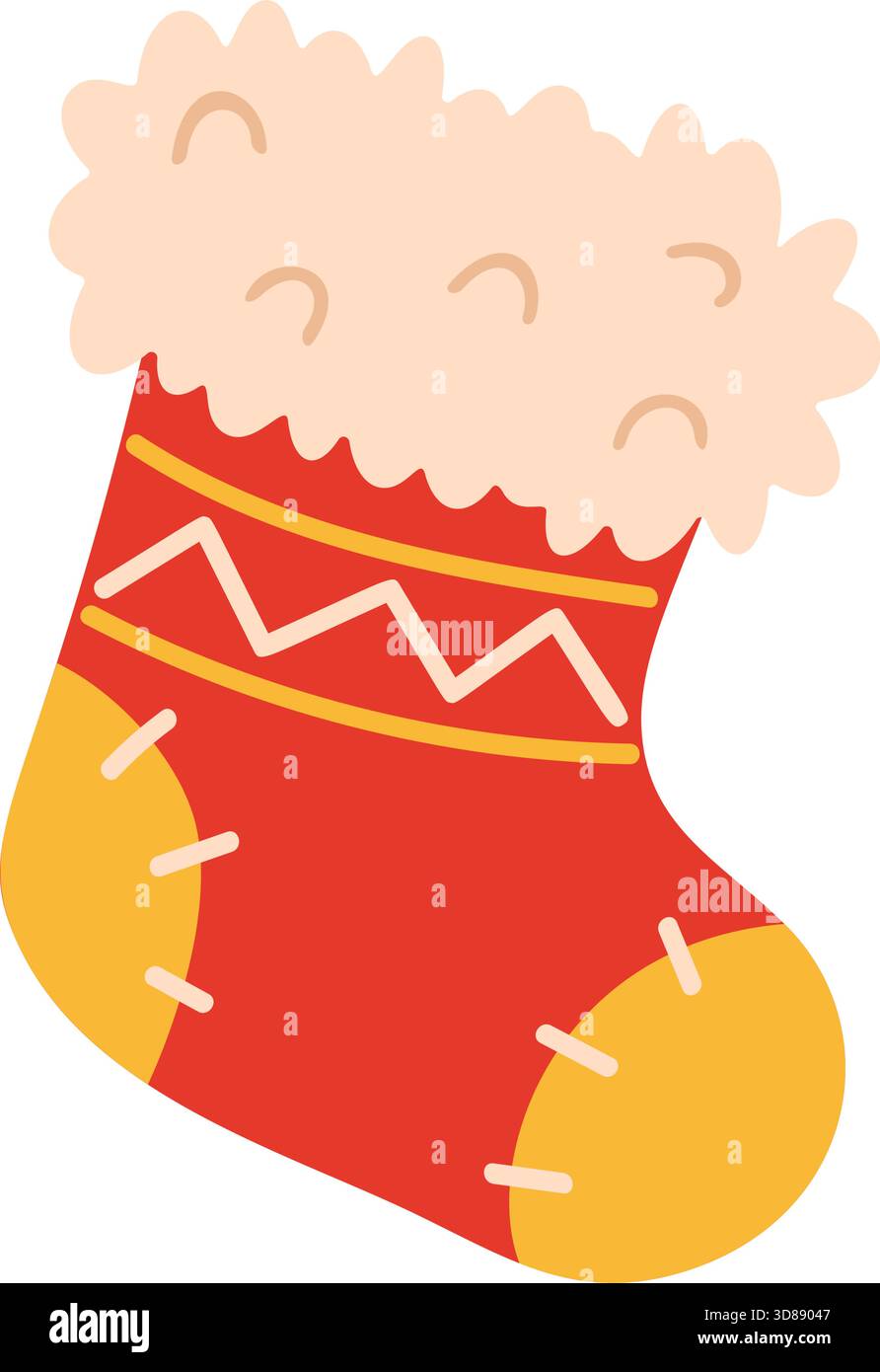 Calza di Natale rossa per le feste con soffice polsino beige. Illustrazione vettoriale in stile piatto. Ideale per imballaggi per le festività, bordi stagionali, biglietti d'auguri, Babbo Natale correlati alla grafica, regali, festeggiamenti invernali. Illustrazione Vettoriale
