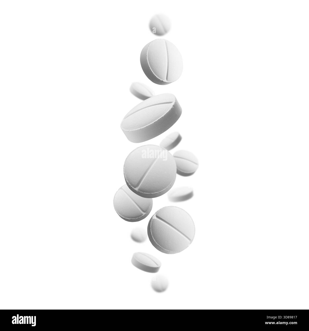 Le compresse rotonde bianche si levitano su sfondo bianco. Foto Stock