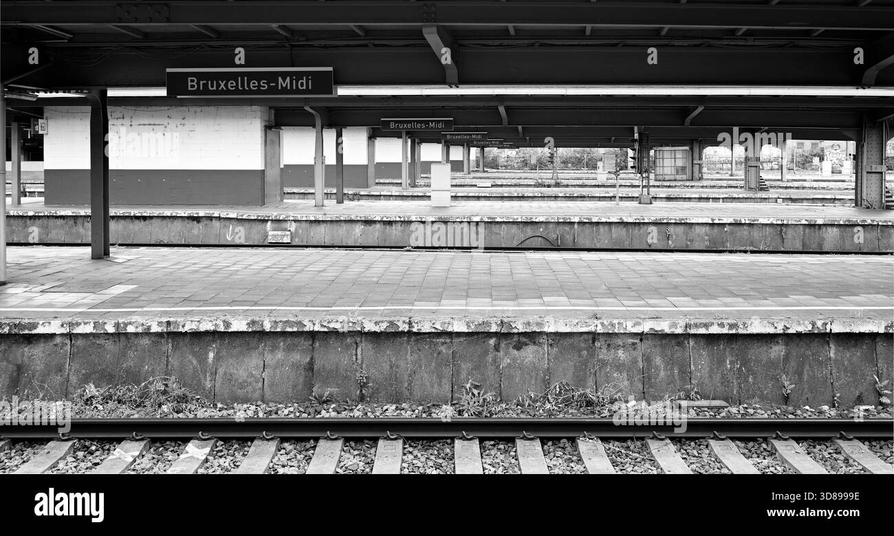 Trainstazione Bruxells-Midi con treni e vuoti Foto Stock