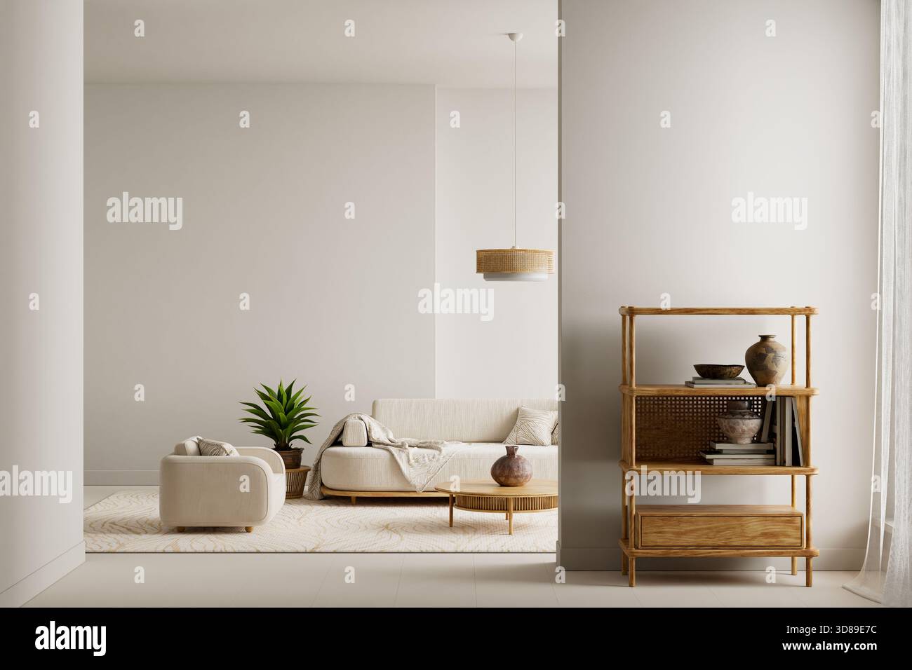 Una delicata combinazione di tessuti in legno, tessuti morbidi e luce diurna diffusa crea un ambiente visivamente tranquillo. La composizione aperta è generosa Foto Stock