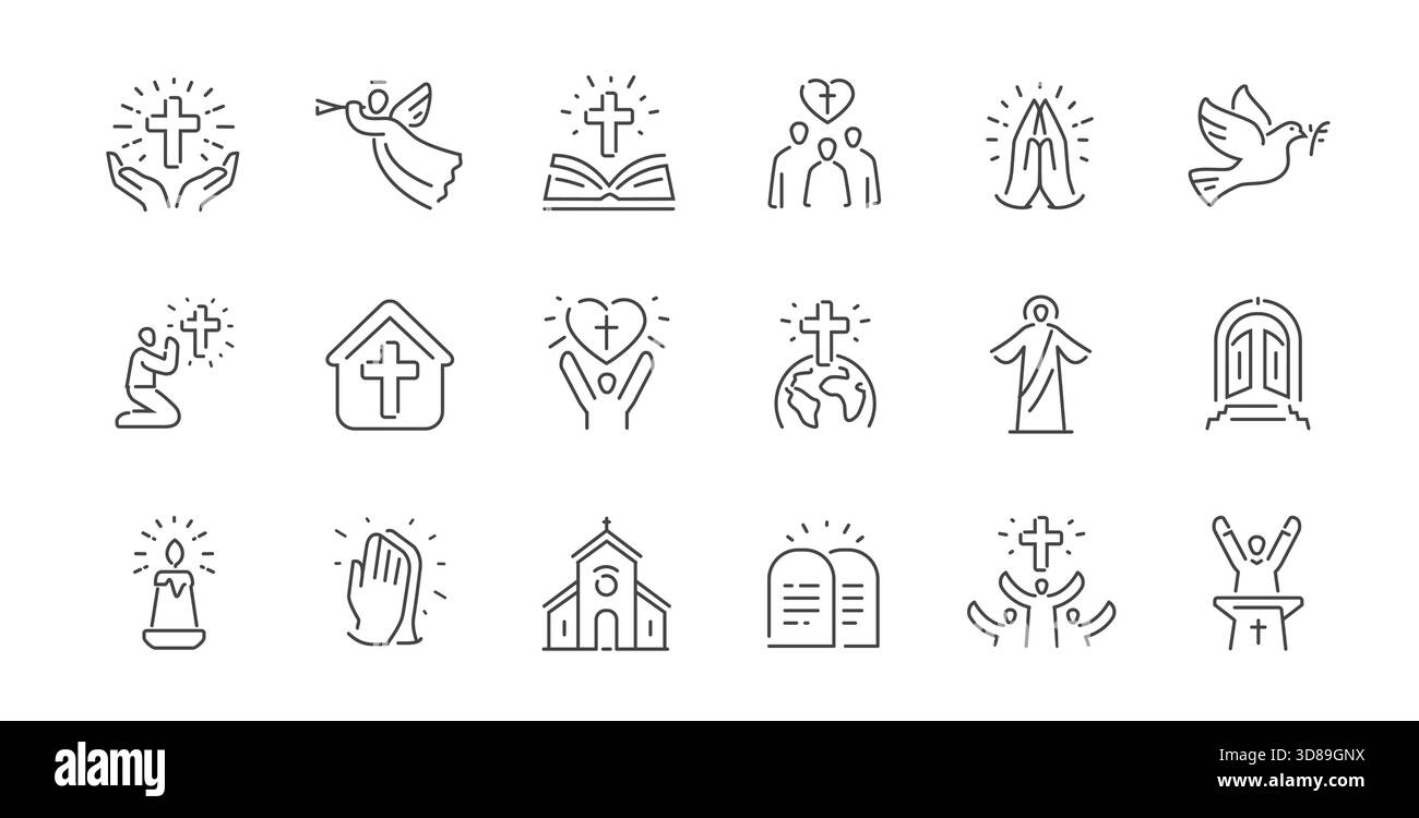 Insieme di icone di religione e profilo biblico. Preghiera, fede, simboli spirituali. Concetto di culto Illustrazione Vettoriale