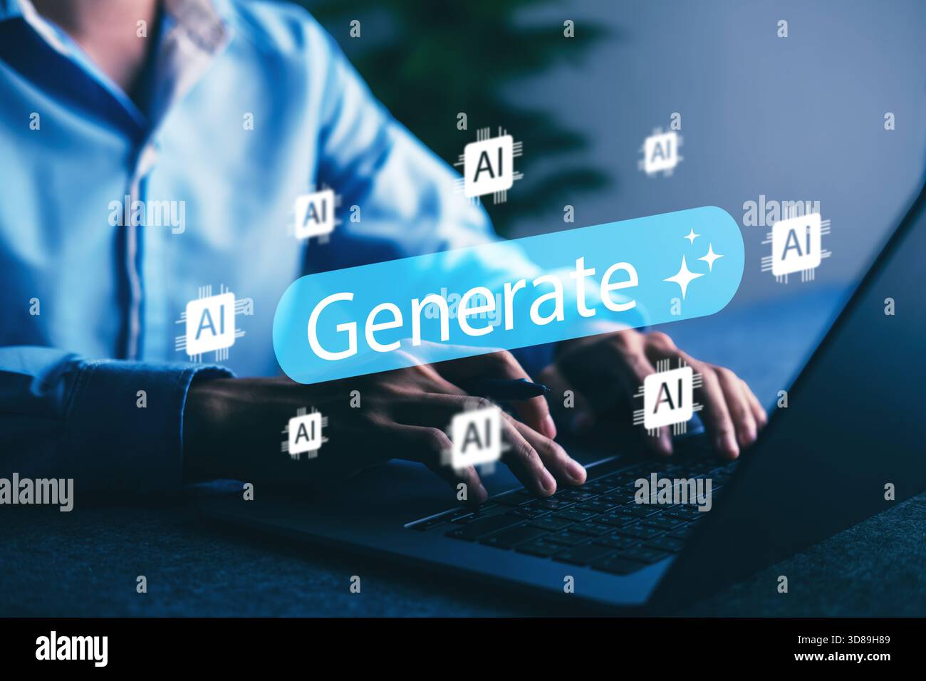 Moderno concetto di generazione di contenuti ai con l'interazione degli utenti su notebook, circondato da icone ai, che simboleggiano la tecnologia automatizzata per un'efficiente tecnologia digitale Foto Stock