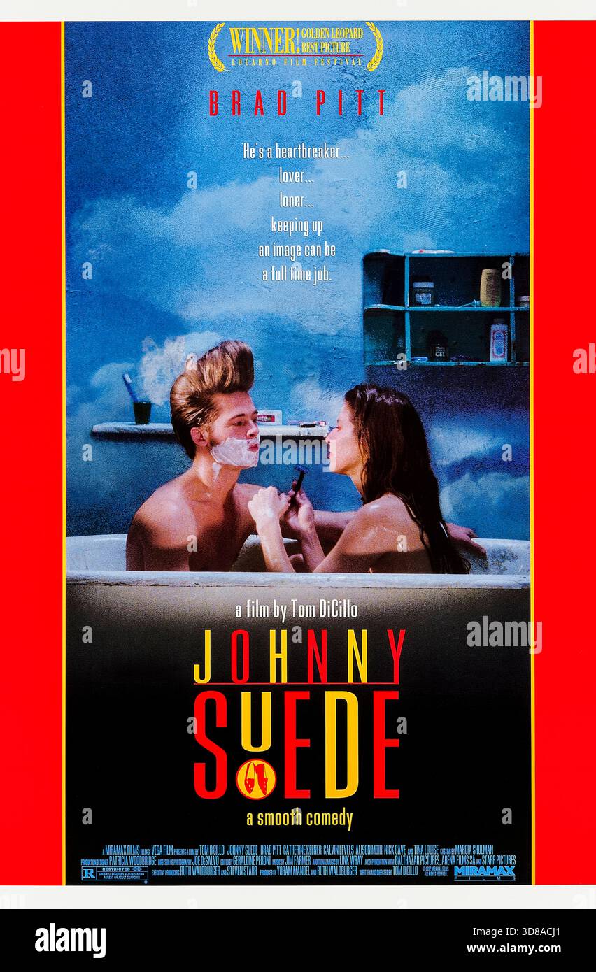 Johnny Suede (1991) diretto da Tom DiCillo e interpretato da Brad Pitt, Catherine Keener e Nick Cave. Un giovane musicista sognante con un pompadour sovradimensionato vagava per New York inseguendo fama e amore, solo per affrontare la sua immaturità. Fotografia di un poster originale del 1991 USA a un foglio SOLO PER USO EDITORIALE. Credito: BFA / Miramax Foto Stock