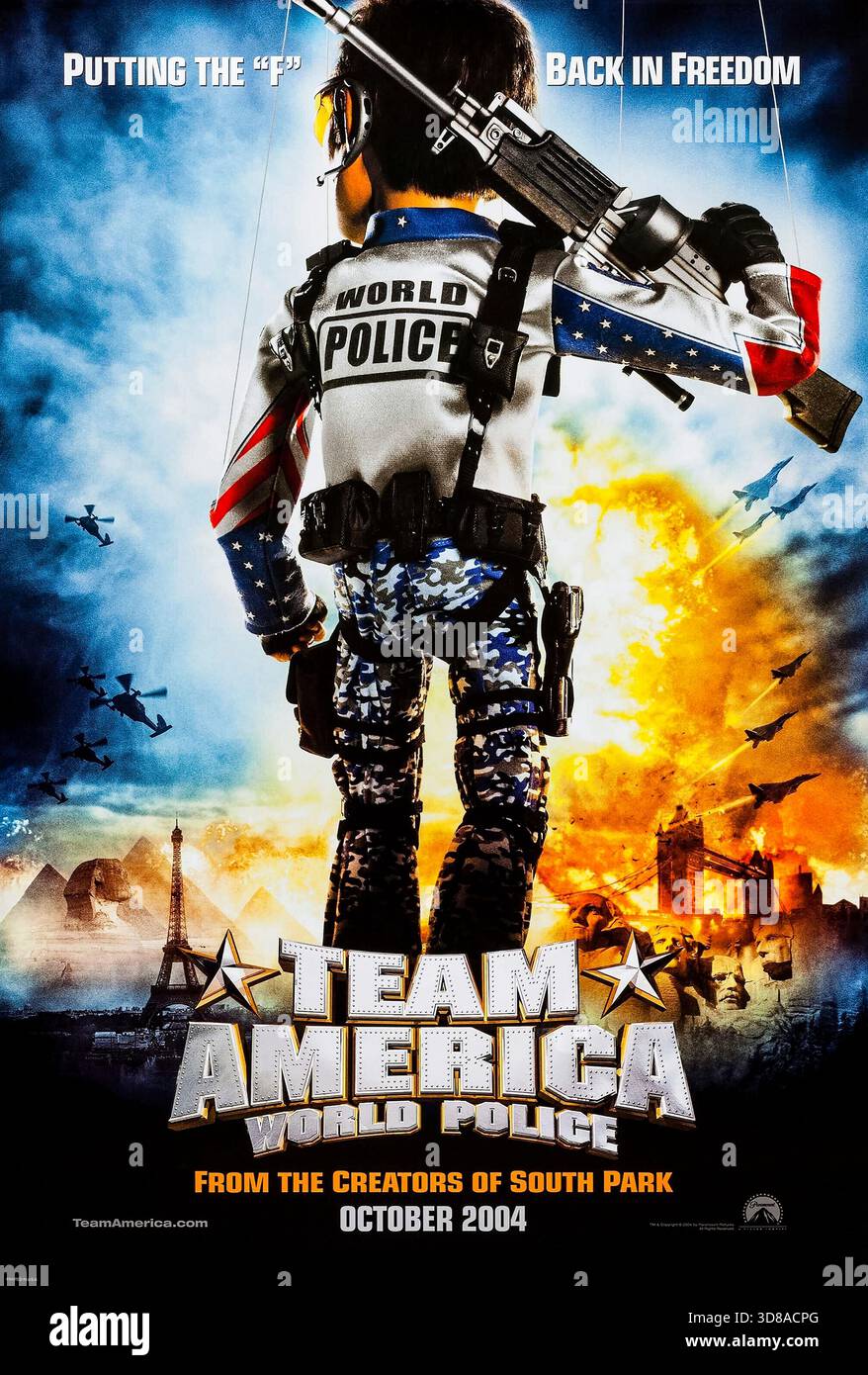 Team America: World Police (2004) diretto da Trey Parker e interpretato da Trey Parker, Matt Stone e Kristen Miller. Una squadra di antiterrorismo delle marionette combatte le minacce globali e gli attivisti delle celebrità mentre cerca di fermare il piano apocalittico del leader nordcoreano Kim Jong il. Fotografia di un poster originale del 2004 DA UTILIZZARE ESCLUSIVAMENTE PER L'EDITORIALE. Credito: Immagini BFA/Paramount Foto Stock