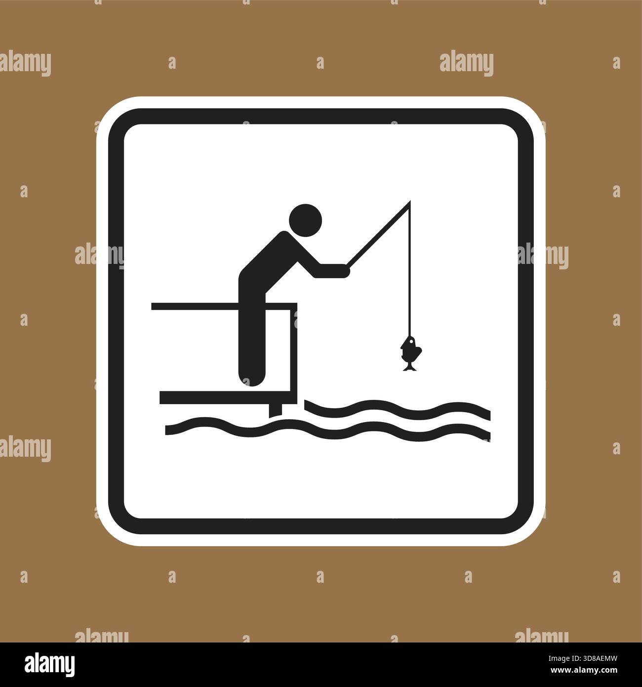 Una silhouette minimalista di un pescatore su un molo, che getta una linea nell'acqua con un pesce agganciato. Ideale per la natura e i temi ricreativi in vari me Illustrazione Vettoriale
