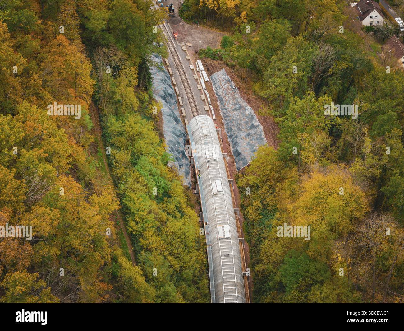 Cantiere di un tunnel dall'alto nella foresta autunnale con alberi verdi e colorati, cantiere di Hermann Hesse Railway bat tunnel, Calw, Bla Foto Stock