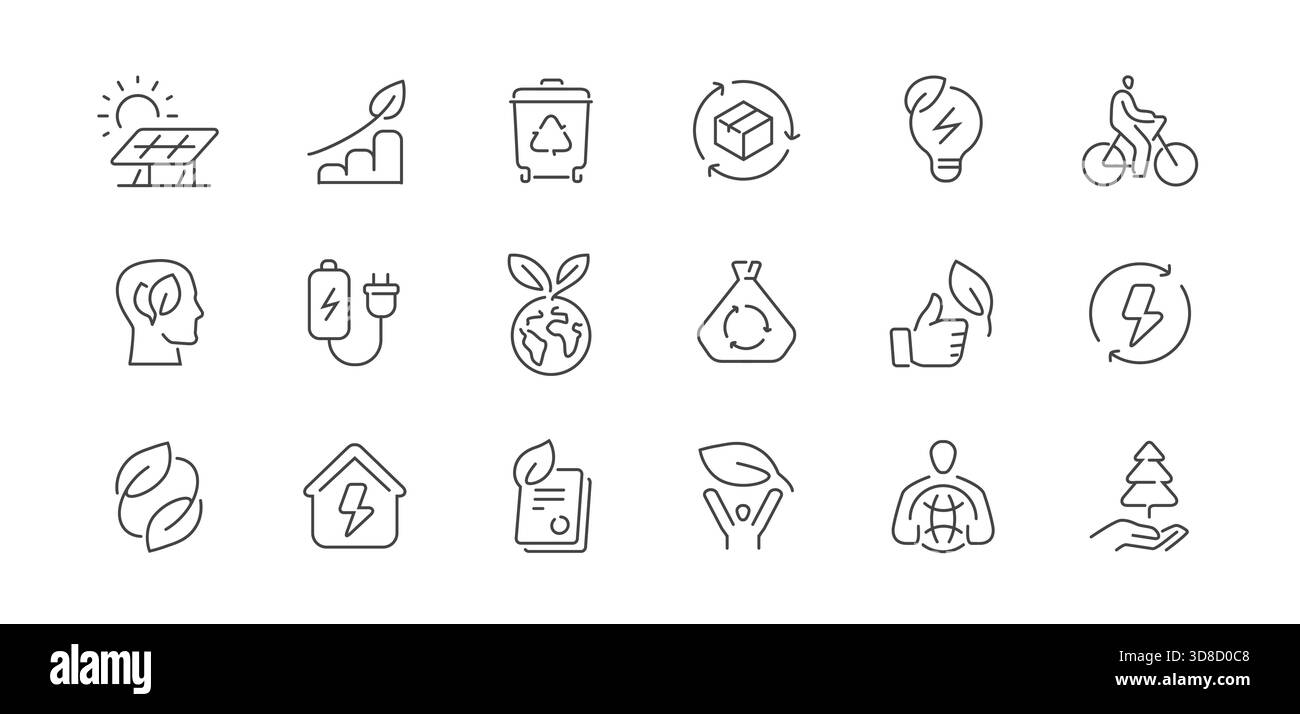 Set di icone della linea ecologia e ambiente. Concetto ecologico. Energia verde, riciclo e conservazione Illustrazione Vettoriale