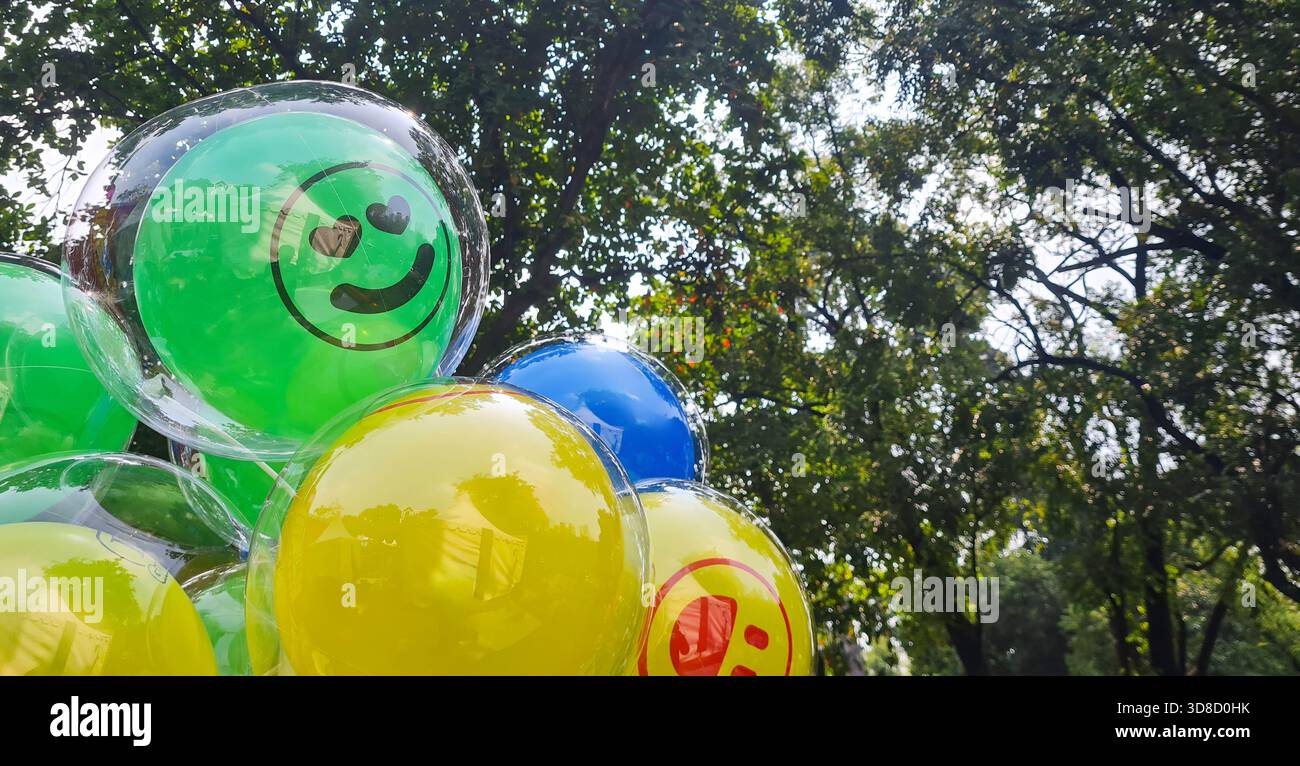 Palloncini emoji colorati all'interno di chiare sfere di bolla esposte in un festival all'aperto del parco, creando un'atmosfera allegra e giocosa durante la giornata intensa Foto Stock
