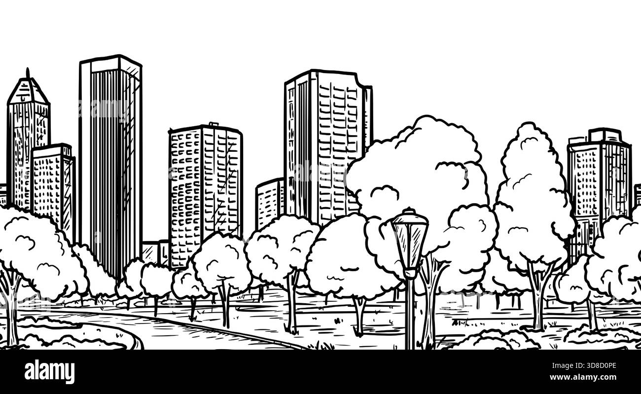 Silhouette della città megalopoli all'orizzonte e strada, alberi ed erba. Illustrazione vettoriale. Un parco cittadino con lanterne e panchine, senza cuciture Border patte Illustrazione Vettoriale