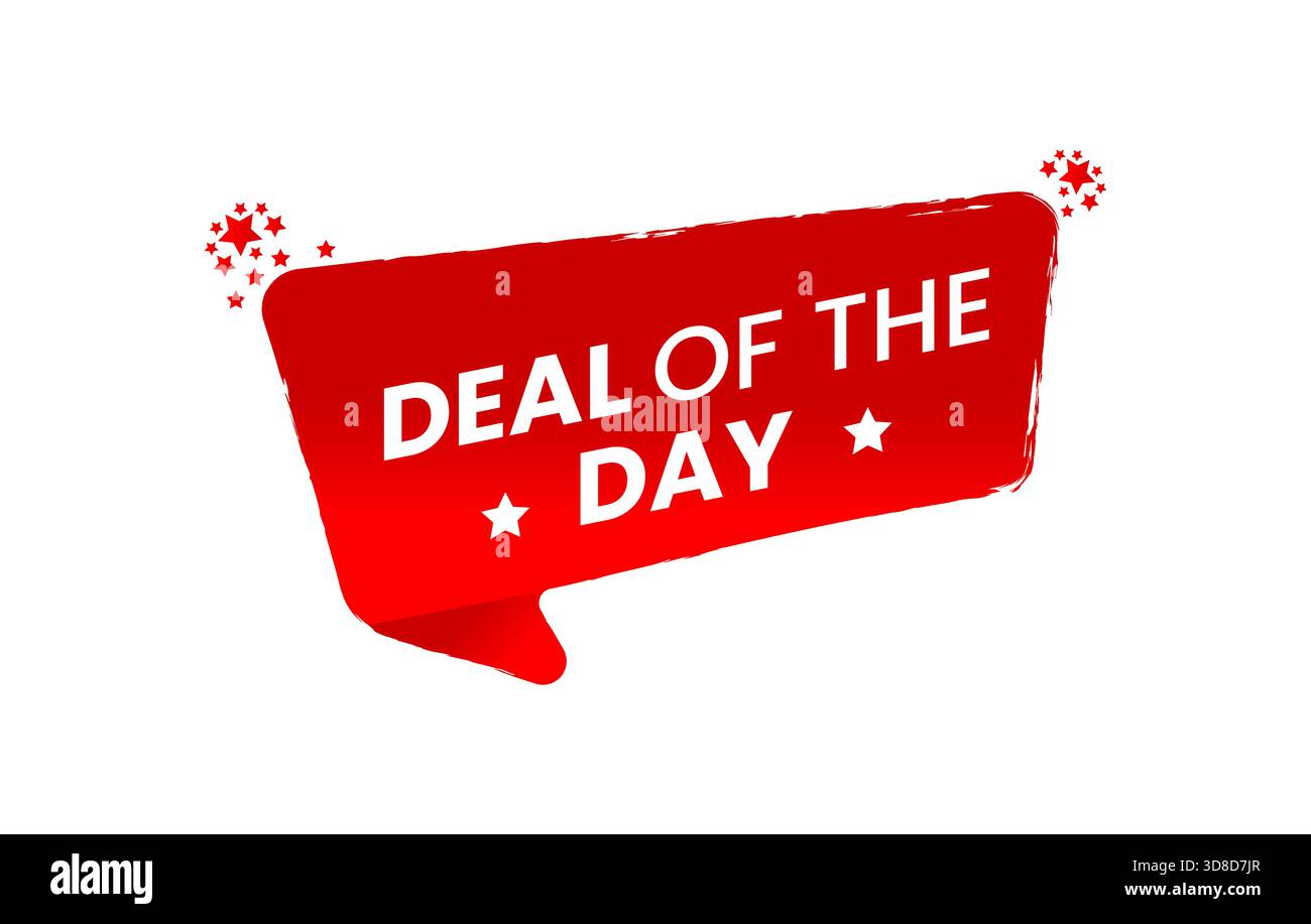 Icona rossa del banner dell'etichetta "Deal of the Day" con simboli a stella per offerte speciali a tempo limitato illustrazione vettoriale isolata su sfondo bianco Illustrazione Vettoriale