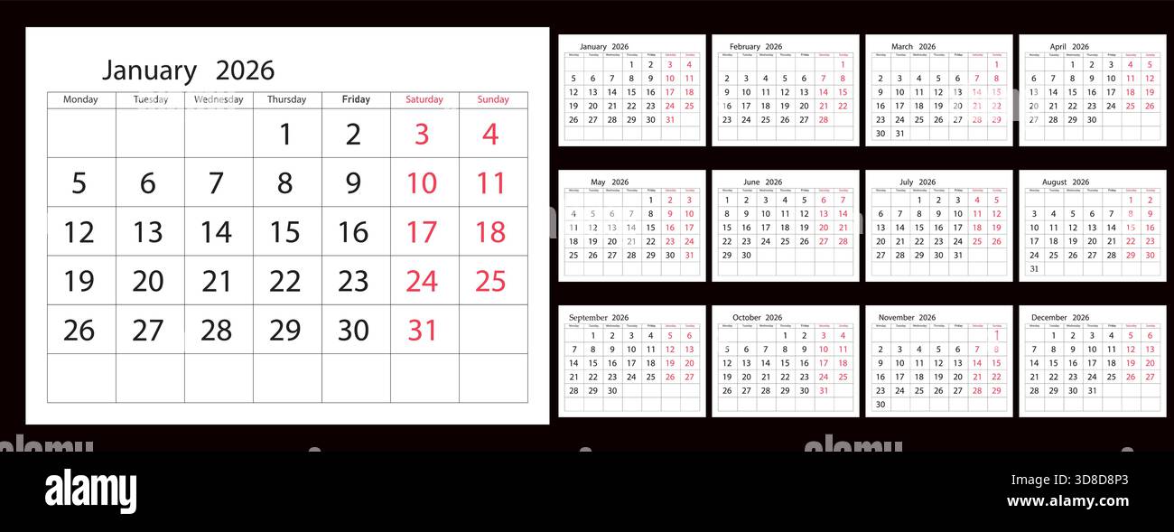 Raccolta calendario 2026 con griglie mensili ed elementi Day Planner. Illustrazione Vettoriale