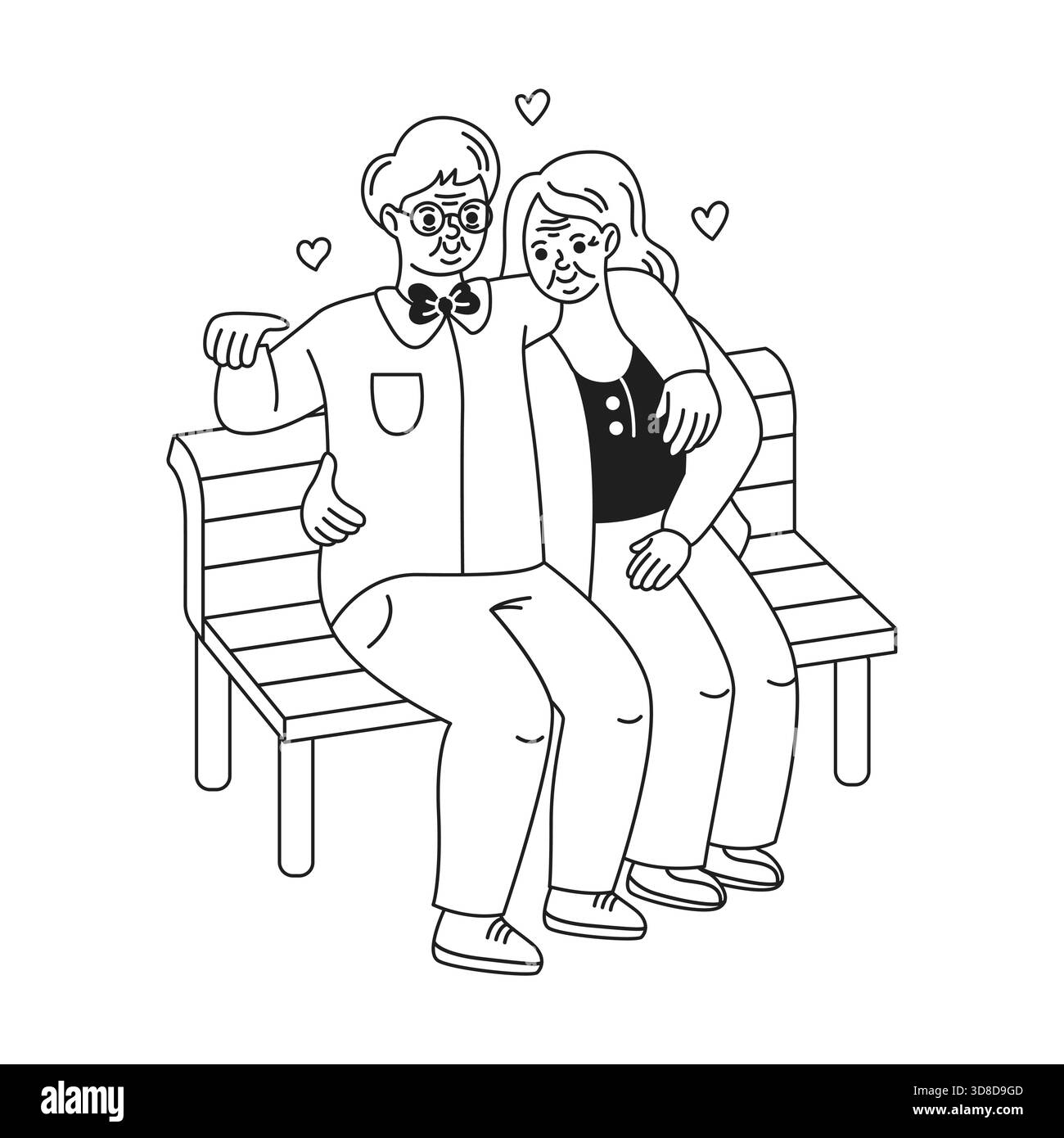 Un'affascinante illustrazione in bianco e nero raffigura una coppia anziana seduta vicino su una panchina, sorridente di amore e affetto circondata da cuori. Illustrazione Vettoriale