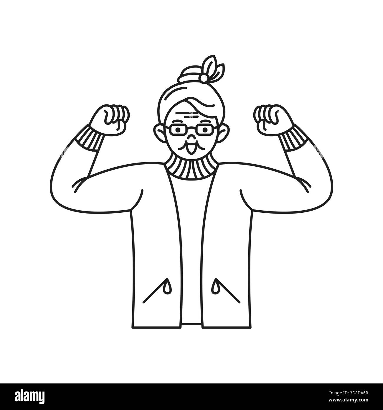 Illustrazione line art di una persona sicura di sé con occhiali e un topknot che flessa i muscoli in un maglione. Simboleggia l'empowerment e l'autosufficienza. Illustrazione Vettoriale