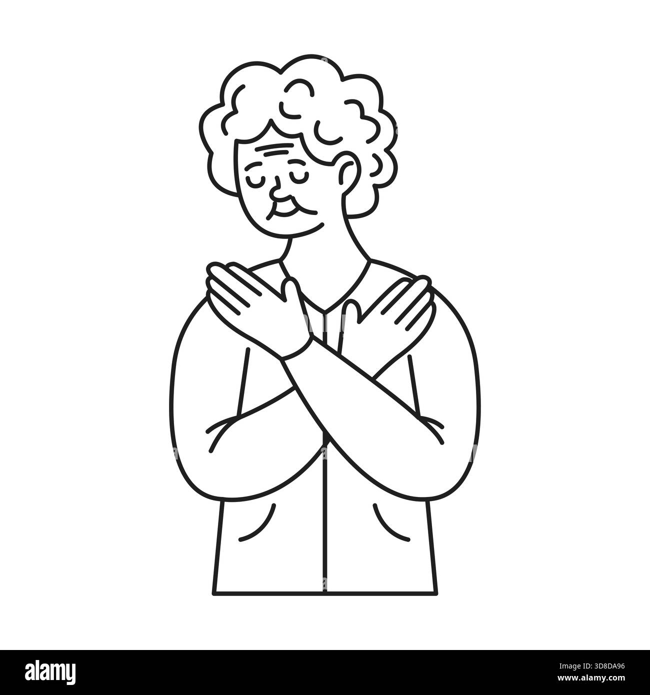 Un disegno in linea raffigurante una donna anziana con capelli ricci che incrociano le braccia sul petto. Appare contenta e premurosa in questa semplice illustrazione Illustrazione Vettoriale