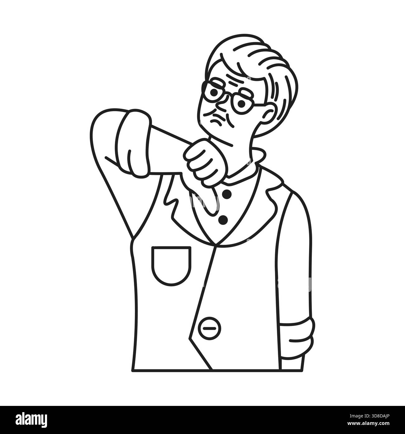 Illustrazione line art di una persona che indossa una giacca con maniche arrotolate che mostra un gesto verso il basso con i pollici. L'individuo sembra insoddisfatto e privo di impressioni Illustrazione Vettoriale