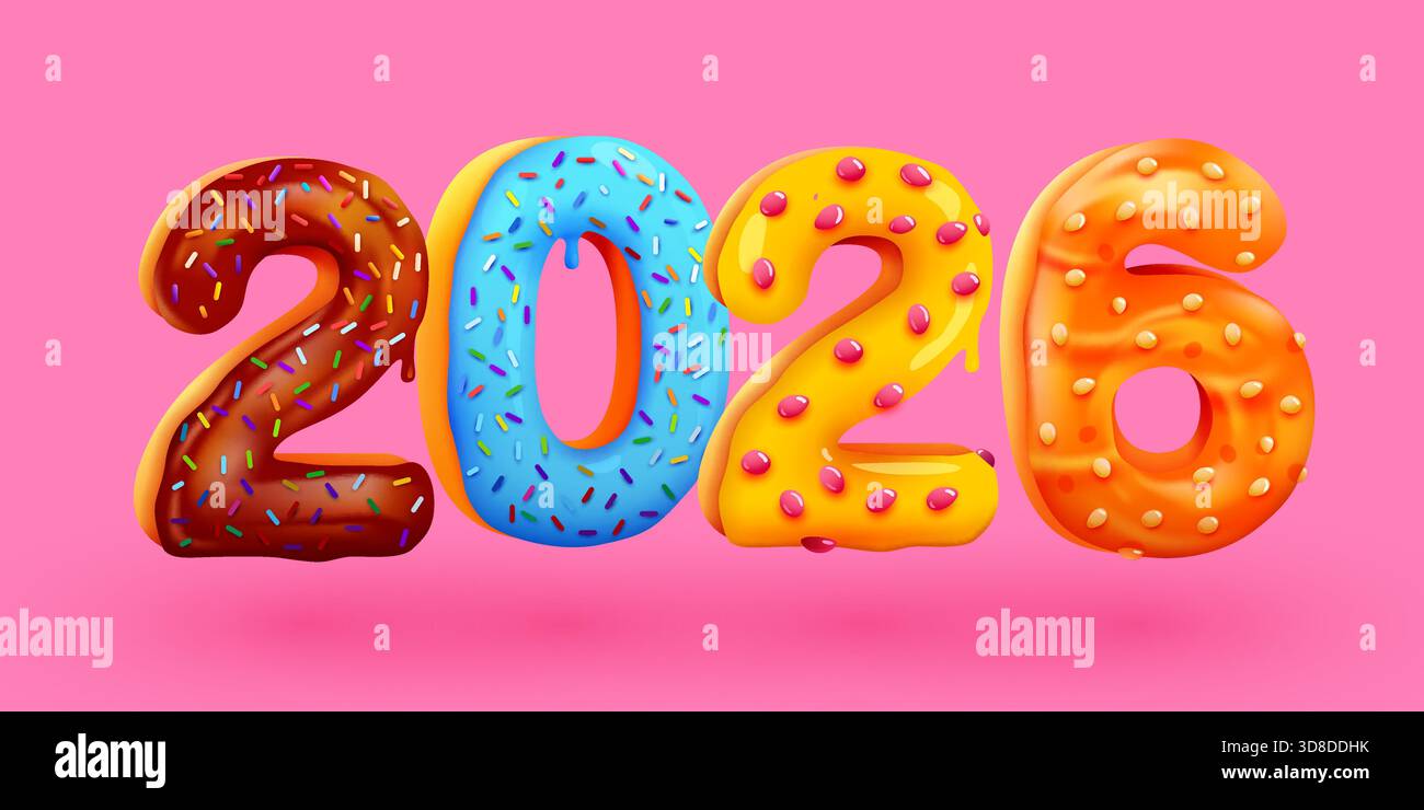 Gustoso biglietto di auguri buon anno 2026. Numeri Sweet colorati e smaltati. Biglietto d'auguri, banner, poster. Illustrazione vettoriale Illustrazione Vettoriale