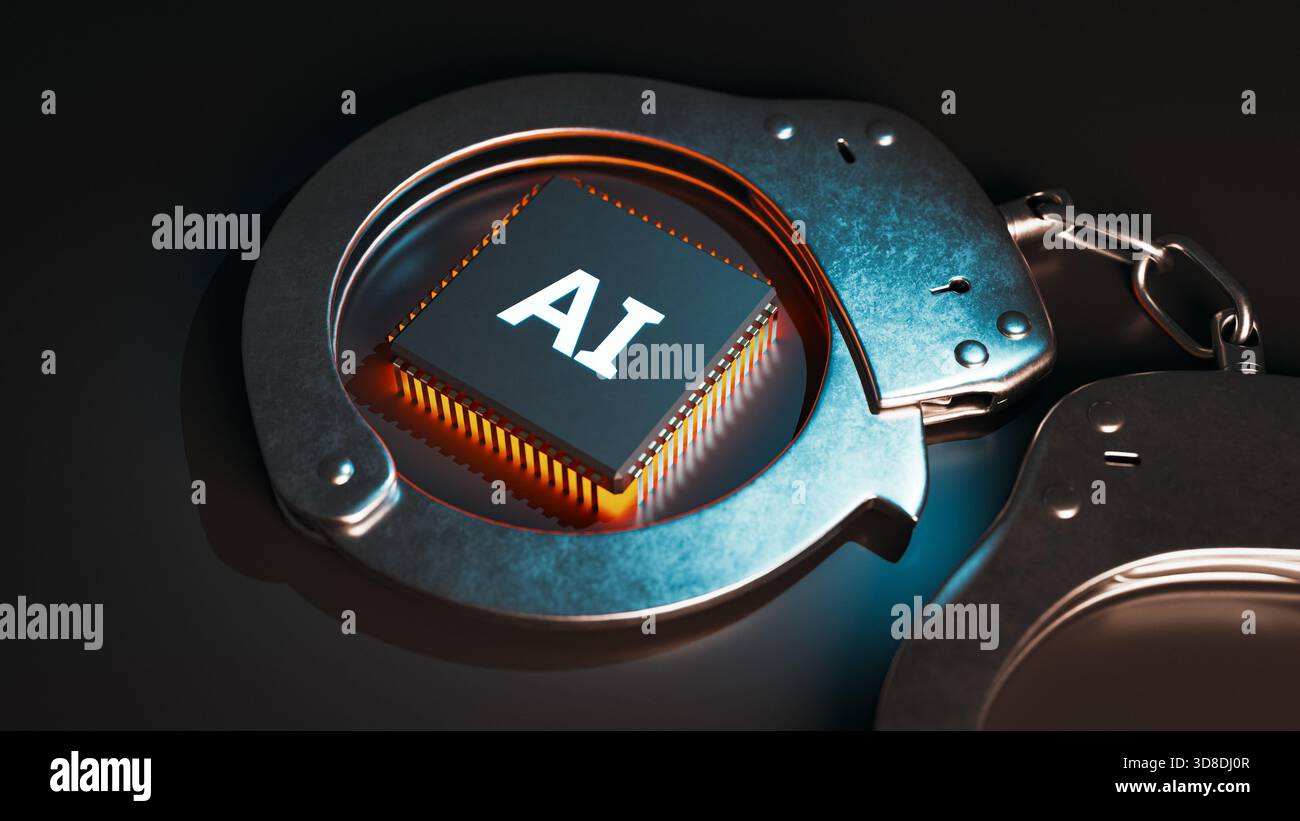 AI Chip in manette per la legge sul crimine dell'intelligenza artificiale. rendering 3d. Foto Stock