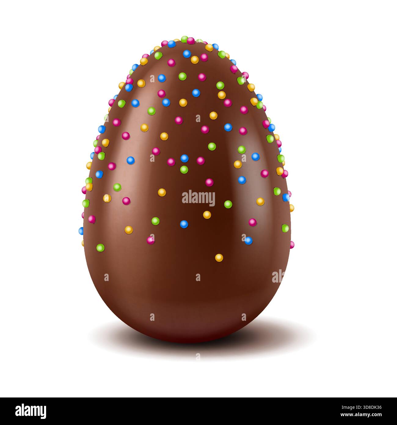 Un uovo di cioccolato realistico ricoperto da un assortimento di scintillanti e colorate spruzzette, isolate su sfondo bianco, che trasmettono un'atmosfera festosa e deliziosa Illustrazione Vettoriale