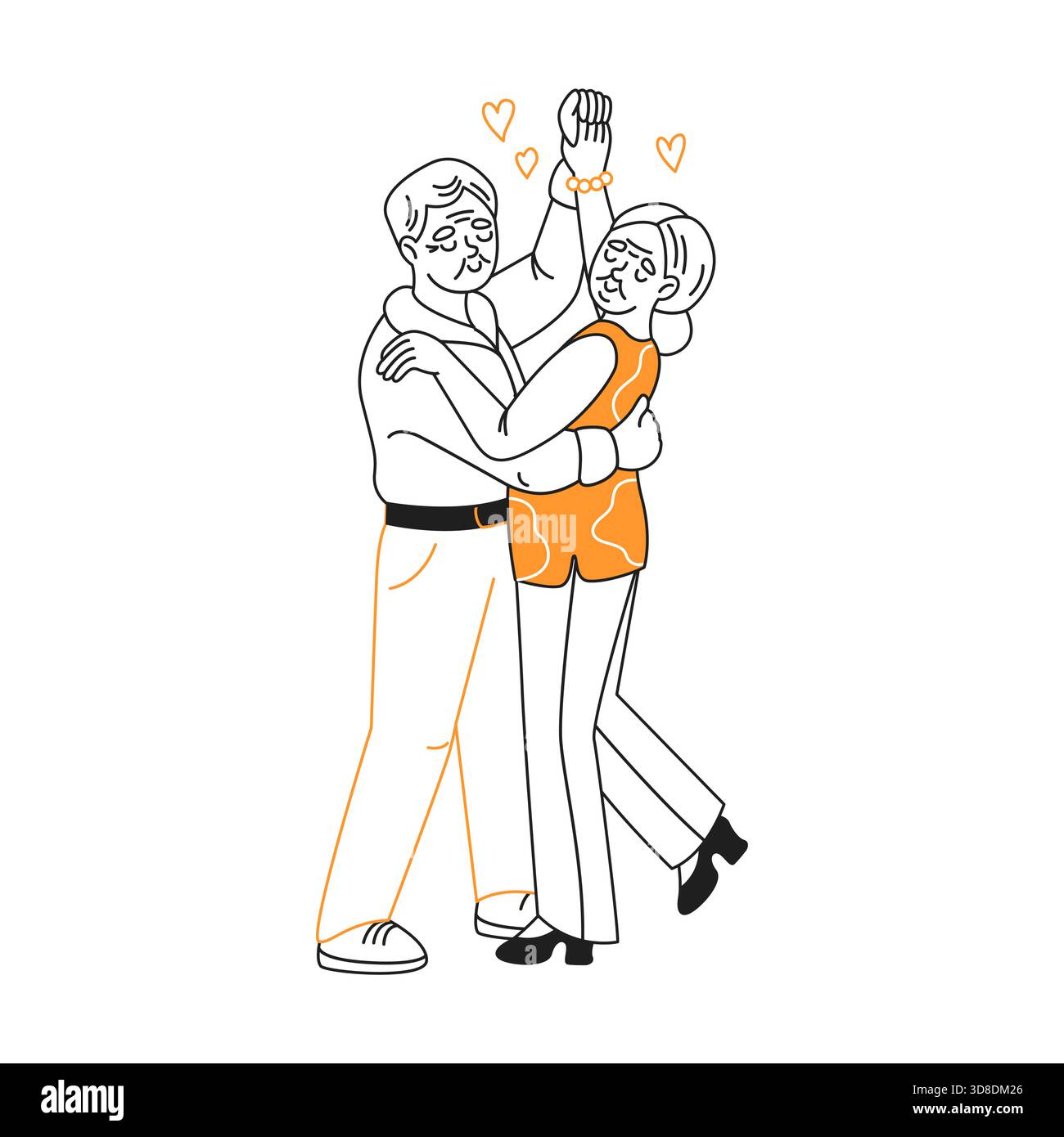Illustrazione di una coppia di anziani felici che ballano con affetto. Si abbracciano con sorrisi e braccia alzate, simboleggiando l'amore e la gioia della vita. Illustrazione Vettoriale