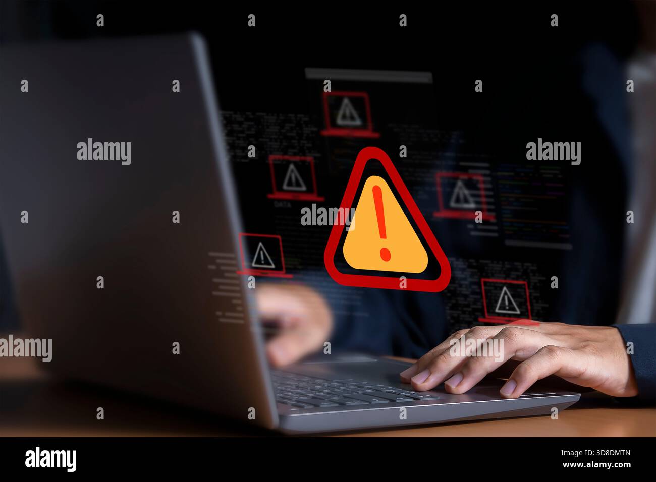 Sicurezza informatica, avviso di sistema con hacker, protezione contro l'hacking dei dati personali Foto Stock