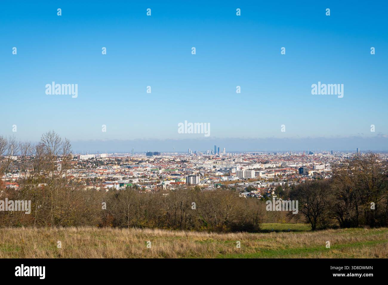 Vista panoramica di Vienna in Austria dalla collina vicino a Lainzer Tiergarten in una giornata limpida Foto Stock