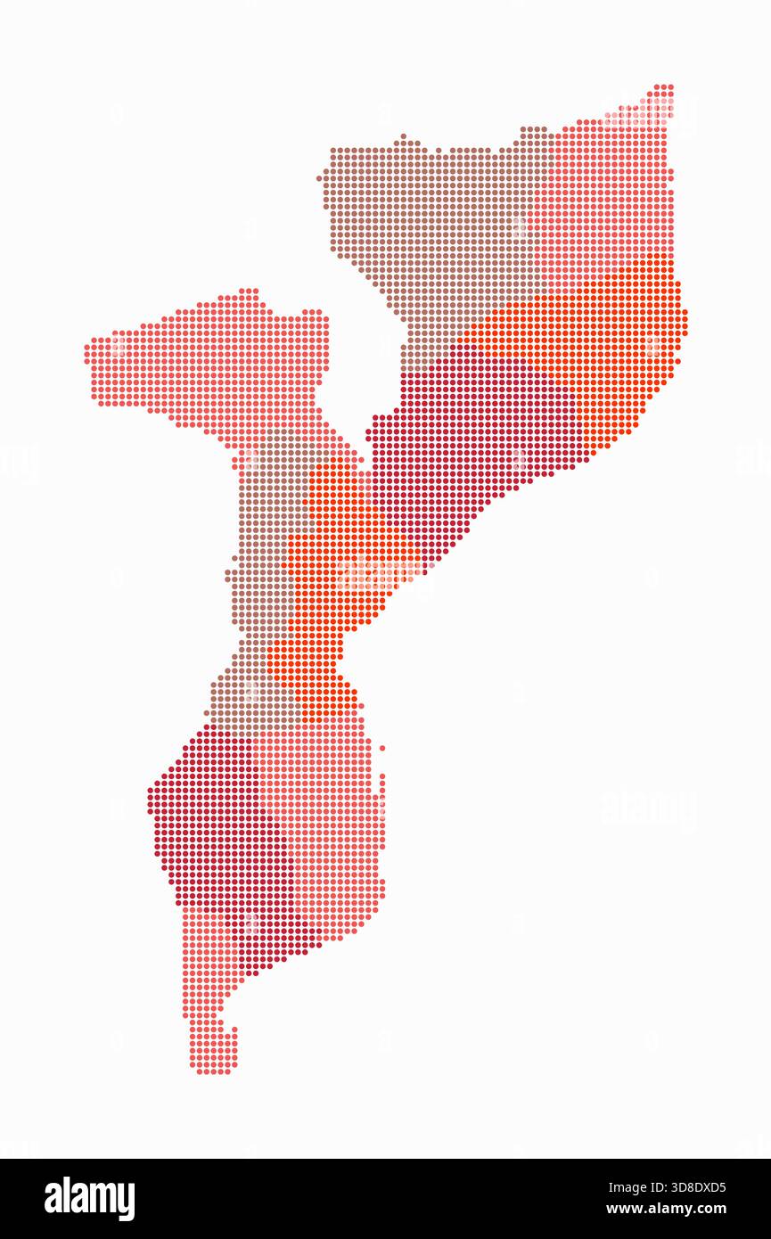 Mappa punteggiata del Mozambico. Mappa digitale del paese su sfondo bianco. Forma Mozambica con punti circolari. Stile puntini colorati. Illustrazione Vettoriale