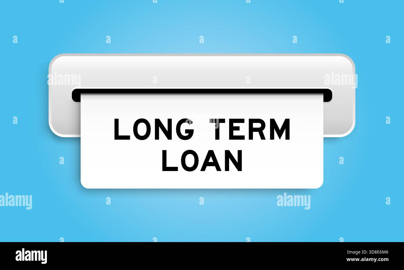 Banner coupon bianco con parola prestito a lungo termine dalla macchina su sfondo blu Illustrazione Vettoriale