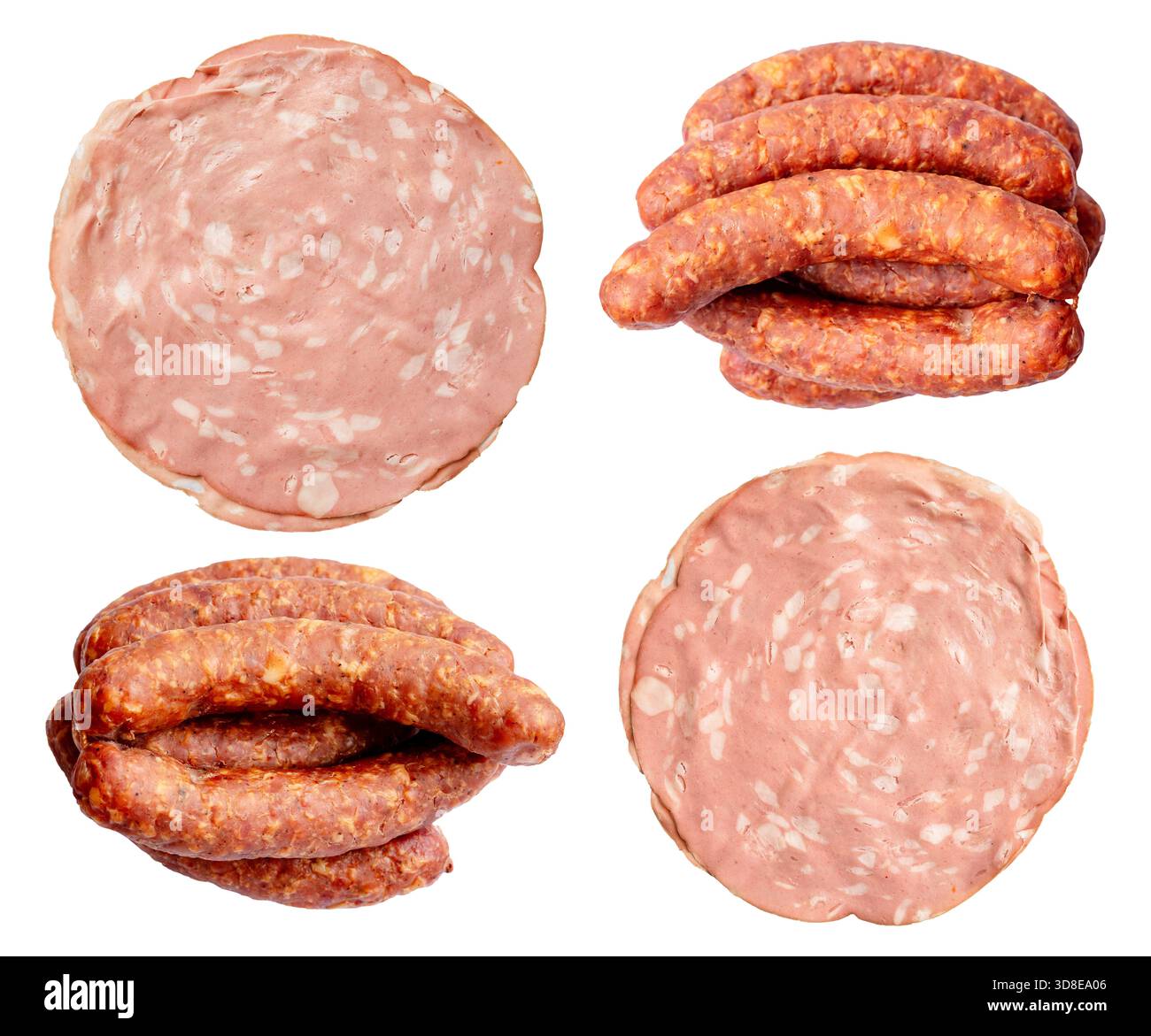 fette di mortadella e fascio di cacciatori salsicce tagliate su sfondo bianco Foto Stock