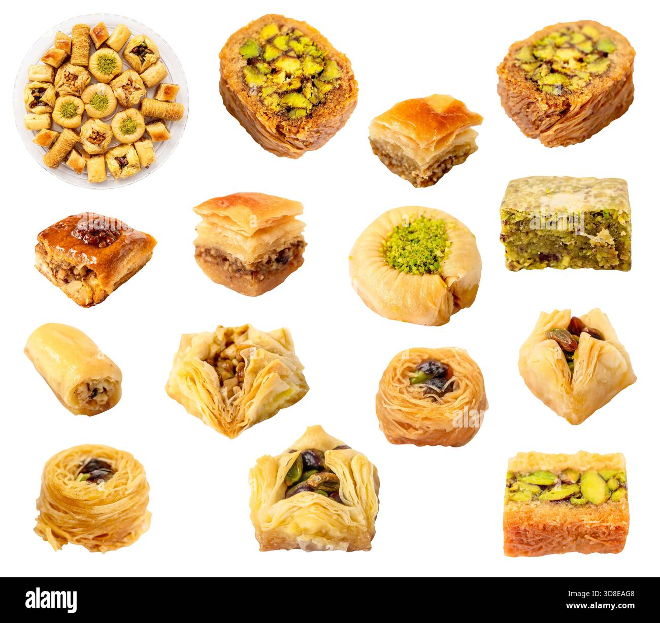 set di vari pezzi di baklava ritagliati su sfondo bianco Foto Stock