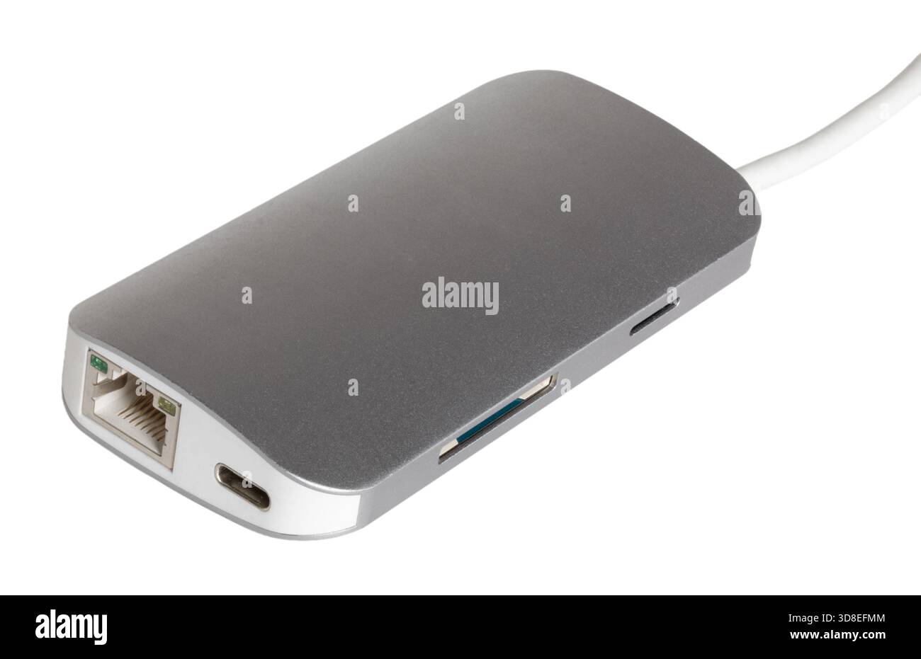 Hub multimediale color argento con lettori di schede e connessioni per un compurter e una porta di rete isolata su sfondo bianco. Foto Stock