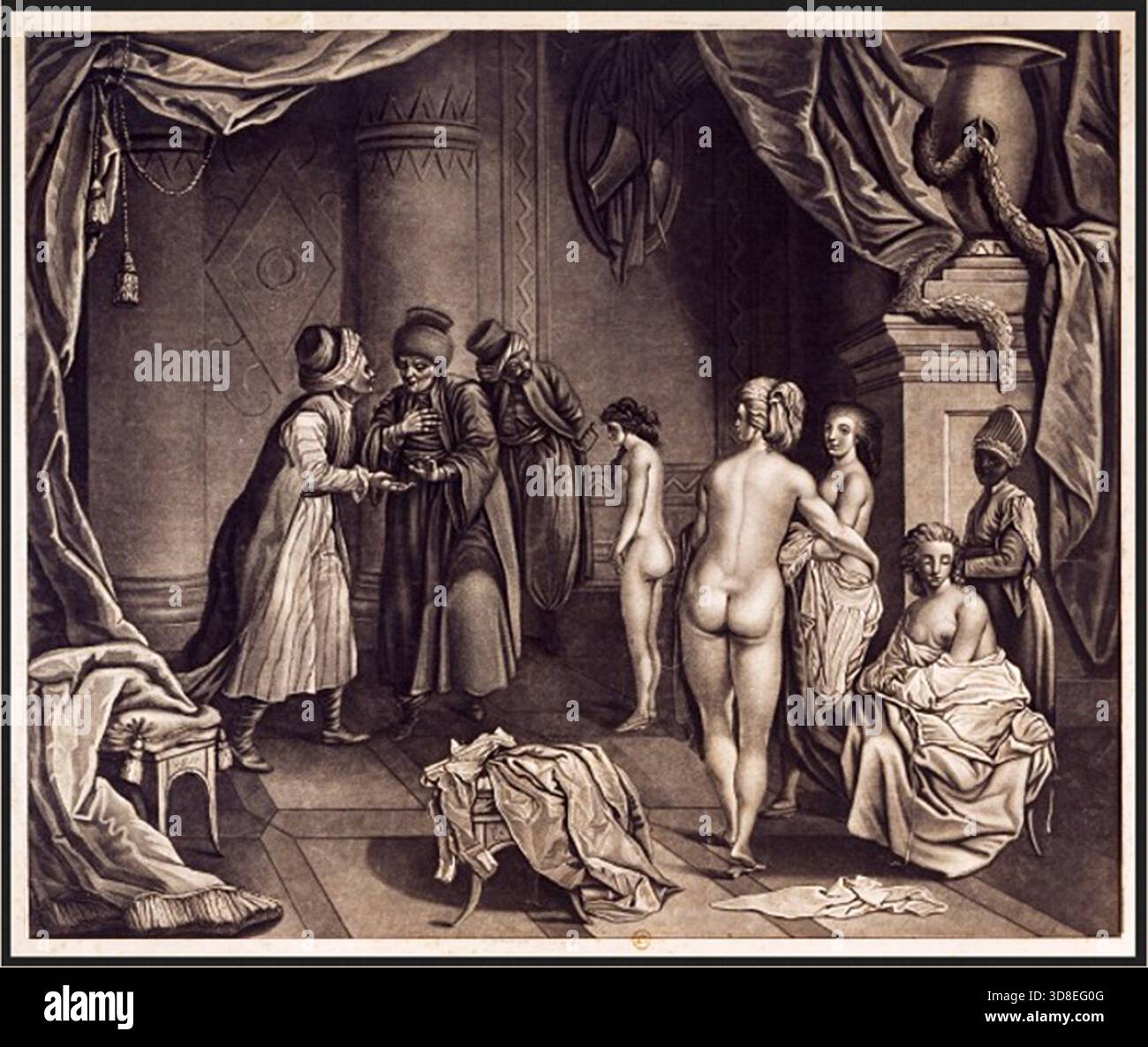 Charles Boulay, incisore – The Slave Trader, 1788. Le donne vittime delle incursioni dei corsaro barbareschi, o catturate in mare dagli ottomani nel XVIII secolo, vendettero ai turchi. Foto Stock