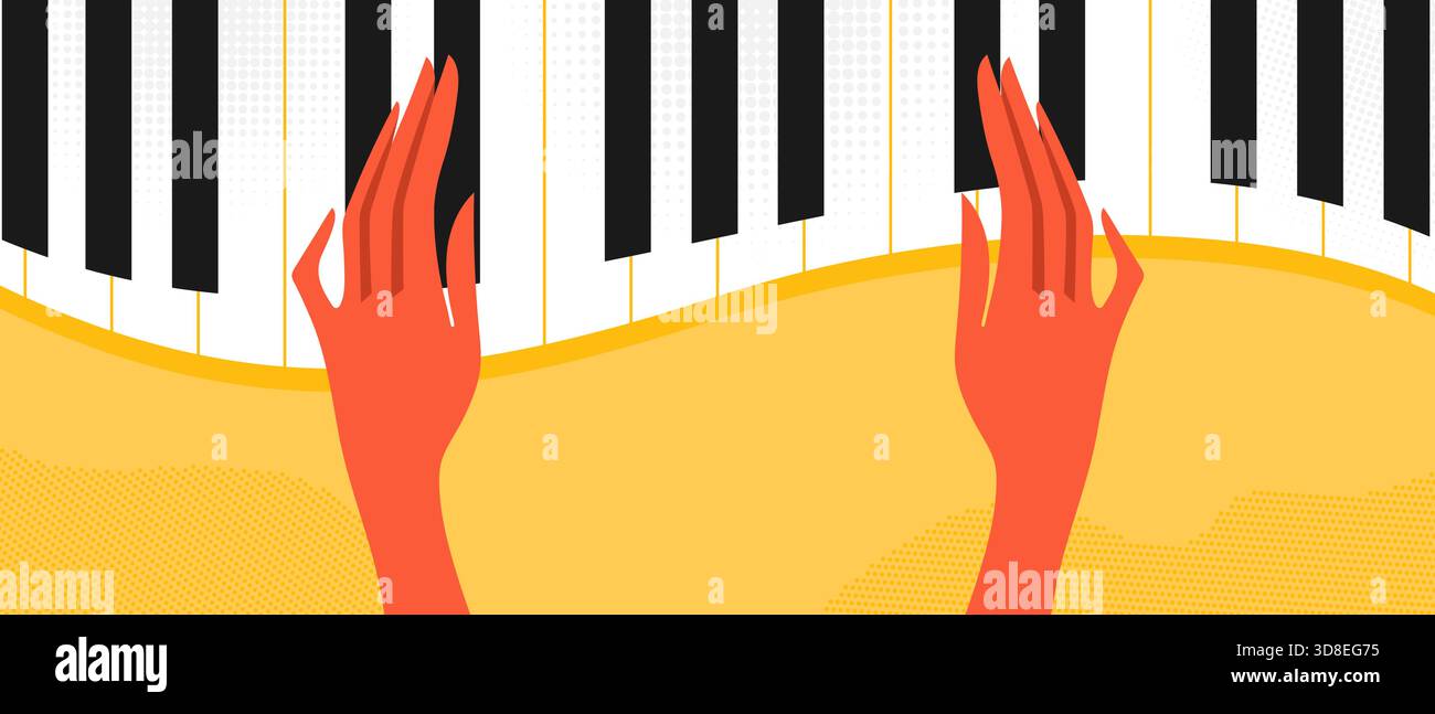 Sottofondo musicale con mani femminili che suonano al pianoforte. Mani sui tasti del piano. Illustrazione vettoriale Illustrazione Vettoriale