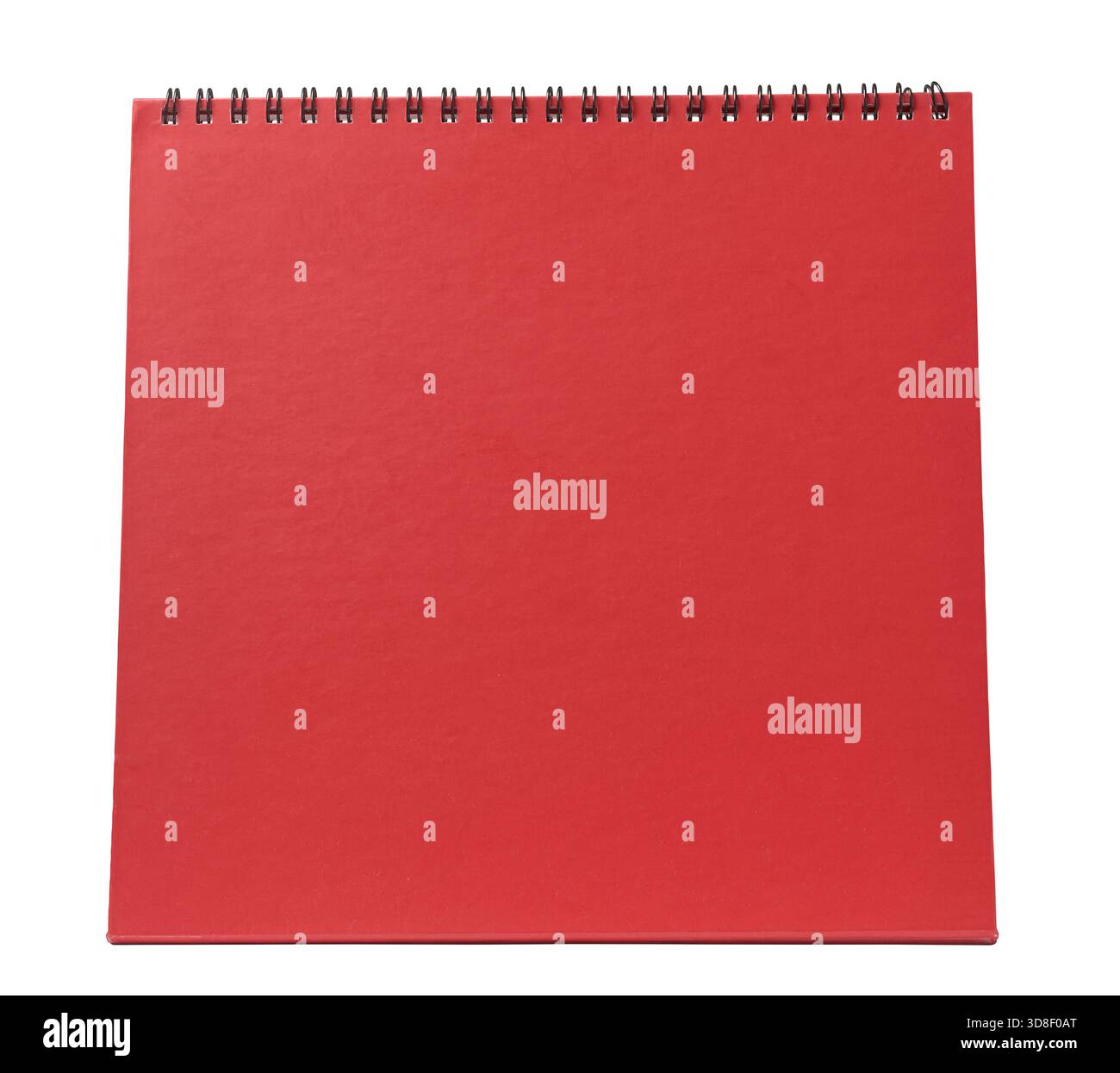 calendario da scrivania rosso con rilegatura a spirale nera, mockup di cancelleria minimalista sfondo bianco isolato, concetto di organizzazione e regali per le feste Foto Stock
