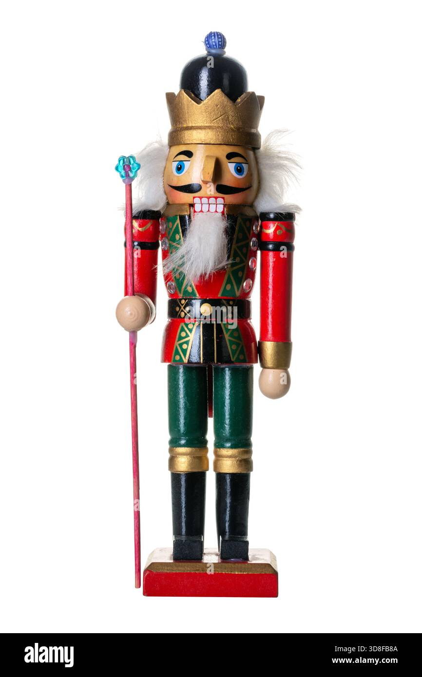 Simbolo di Natale. Soldato di Natale dello Schiaccianoci isolato su sfondo bianco. Foto Stock