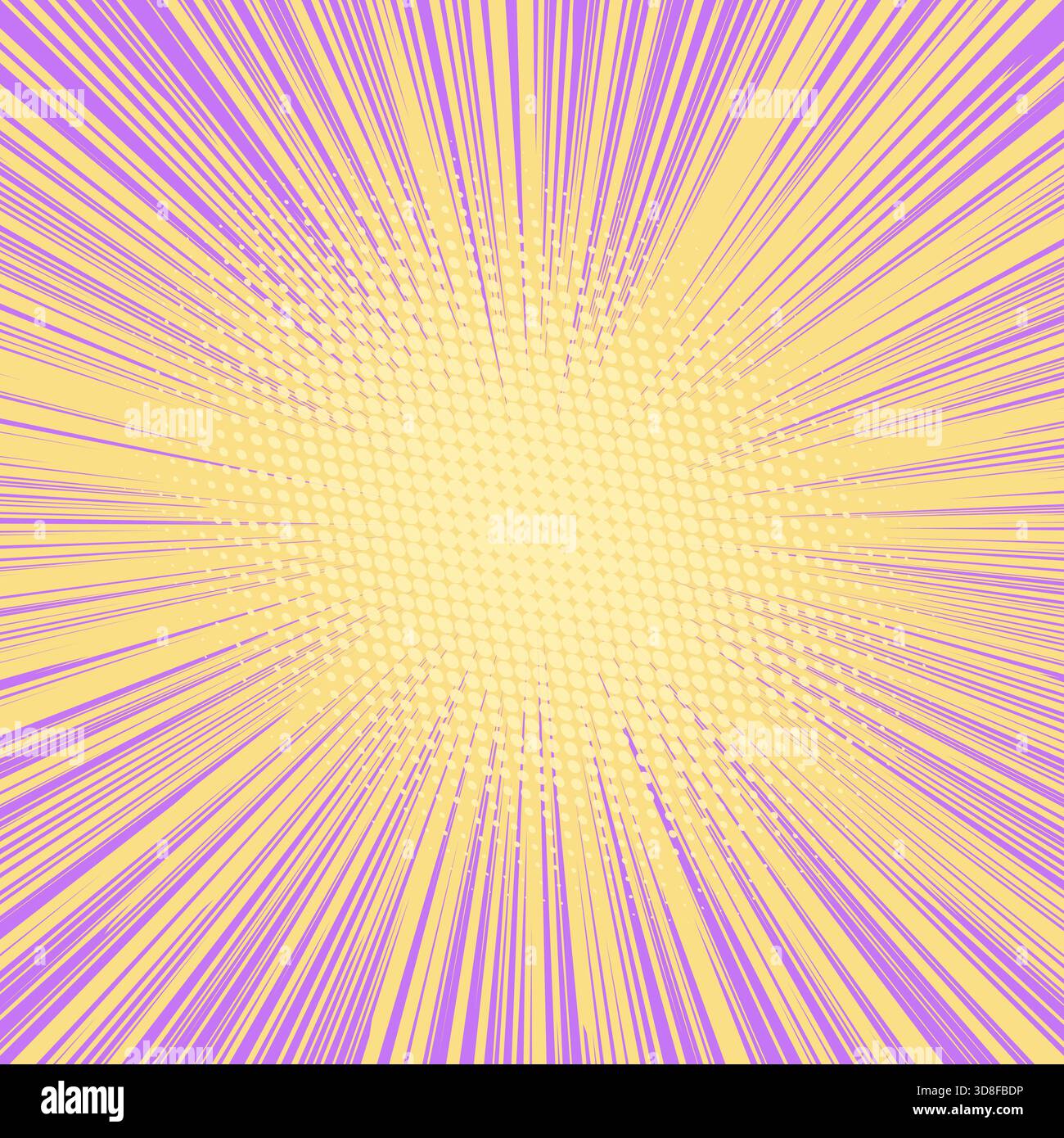 Sfondo radiale luminoso in stile fumetto pop art con linee dinamiche. Effetto astratto di esplosione Illustrazione Vettoriale