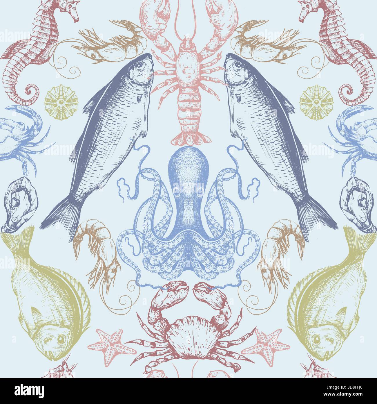 Pesce vettore marino modello senza cuciture con granchi polpo conchiglie di cavalluccio marino stelle marine e gamberi Illustrazione Vettoriale