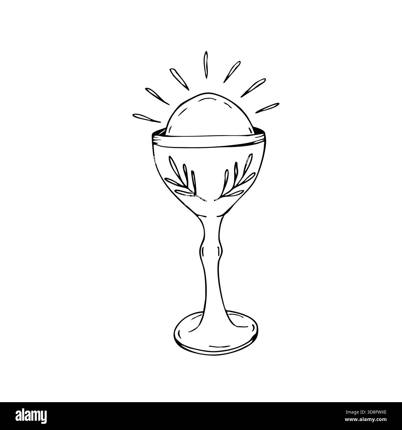 Primi simboli di comunione con calice e struttura di accoglienza per cerimonie sacrali. Icona cristiana. Disegnato a mano. Vettore bianco e nero Illustrazione Vettoriale