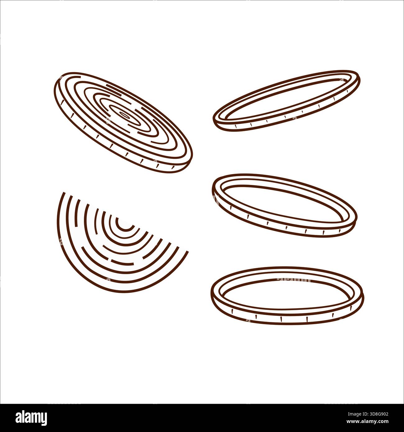 Anelli e zeppe di cipolla a fette. Illustrazione vettoriale in stile linea di contorno. Linee marroni pulite, anelli ruvidi distintivi Illustrazione Vettoriale