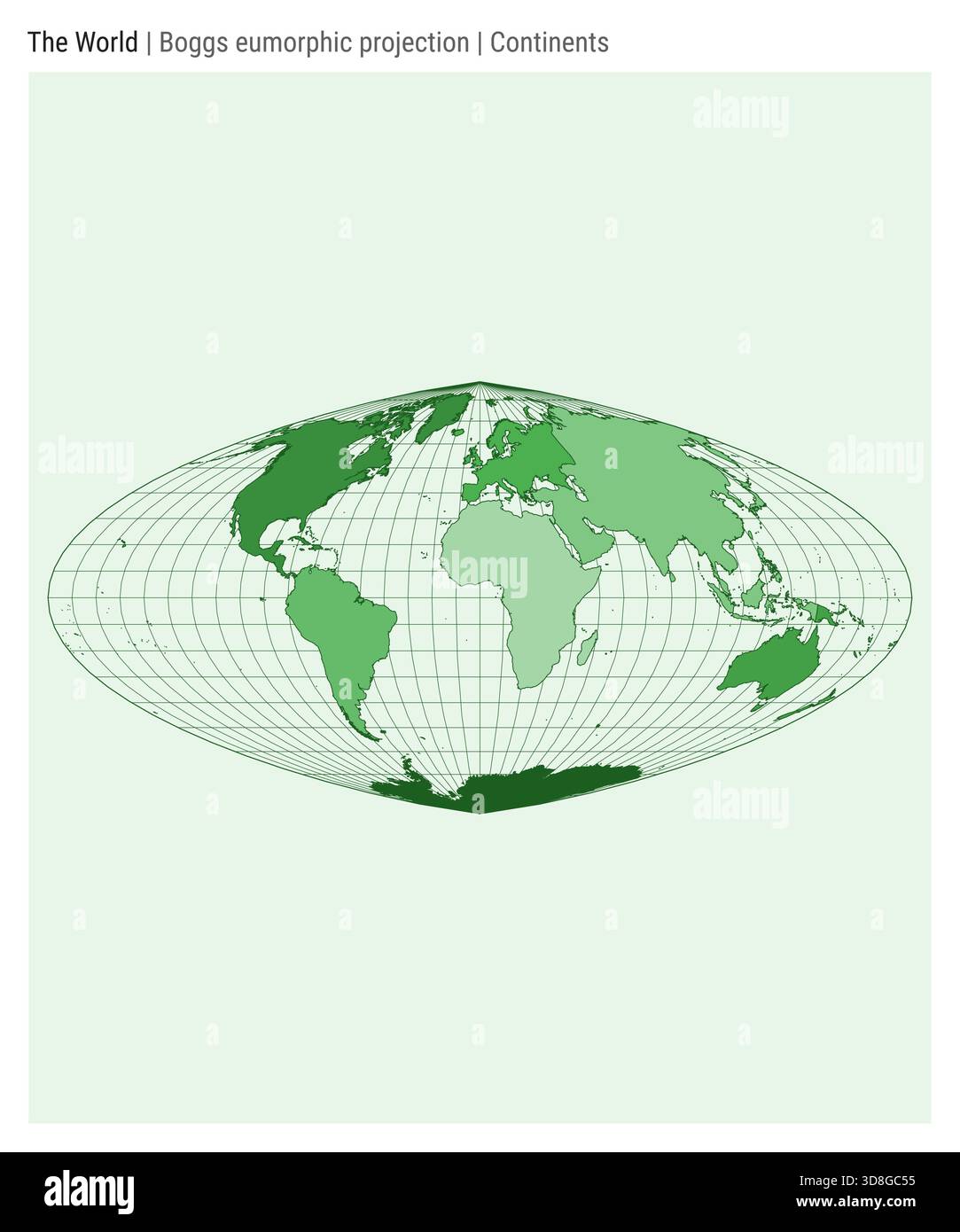 Mappa del mondo. Boggs la proiezione eumorfica. Stile continentale. Mappa mondiale dettagliata per infografiche, istruzione, report e presentazioni. Illustrazione Vettoriale