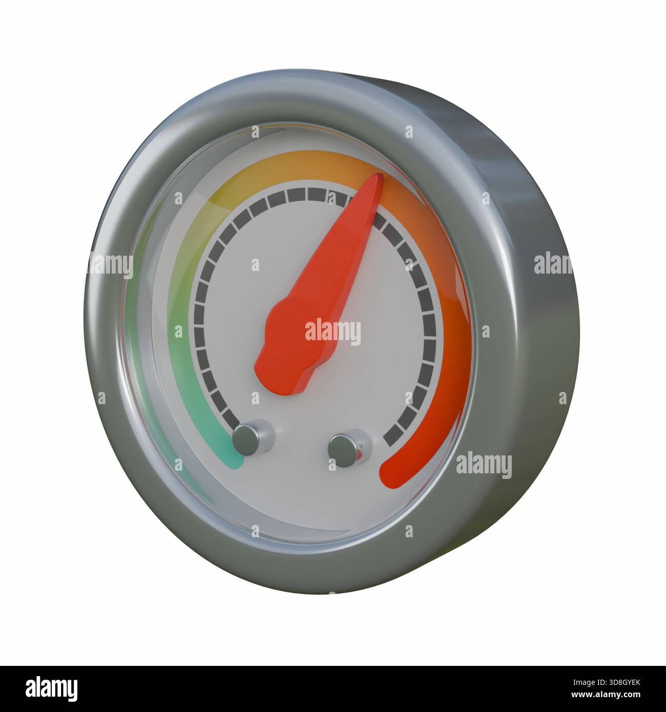Un'illustrazione 3D di alta qualità di un manometro con un telaio esterno in argento lucido e un audace puntatore rosso. Foto Stock